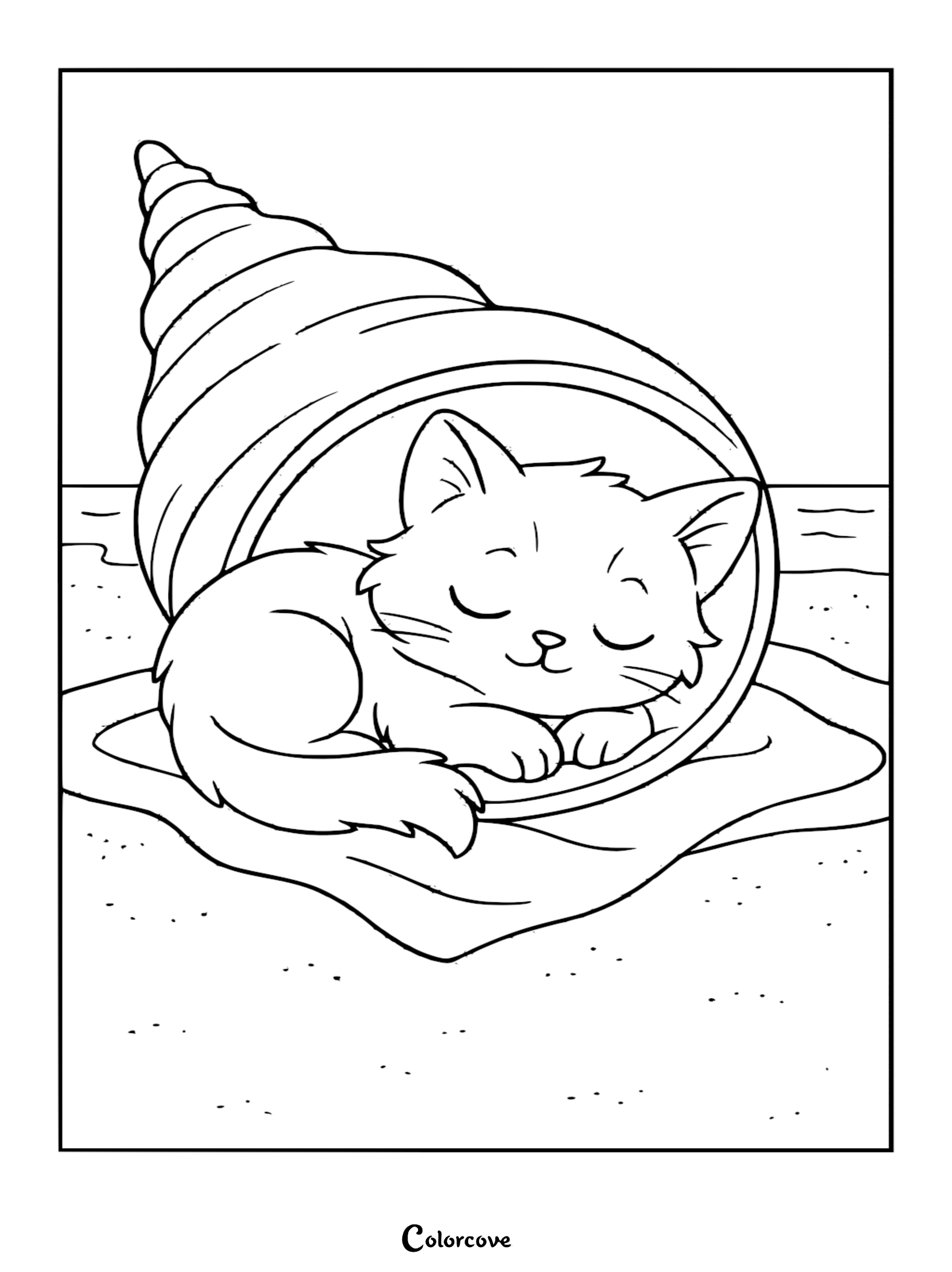 A cute kitten napping peacefully inside a large spiral seashell on a sandy beach coloring page.