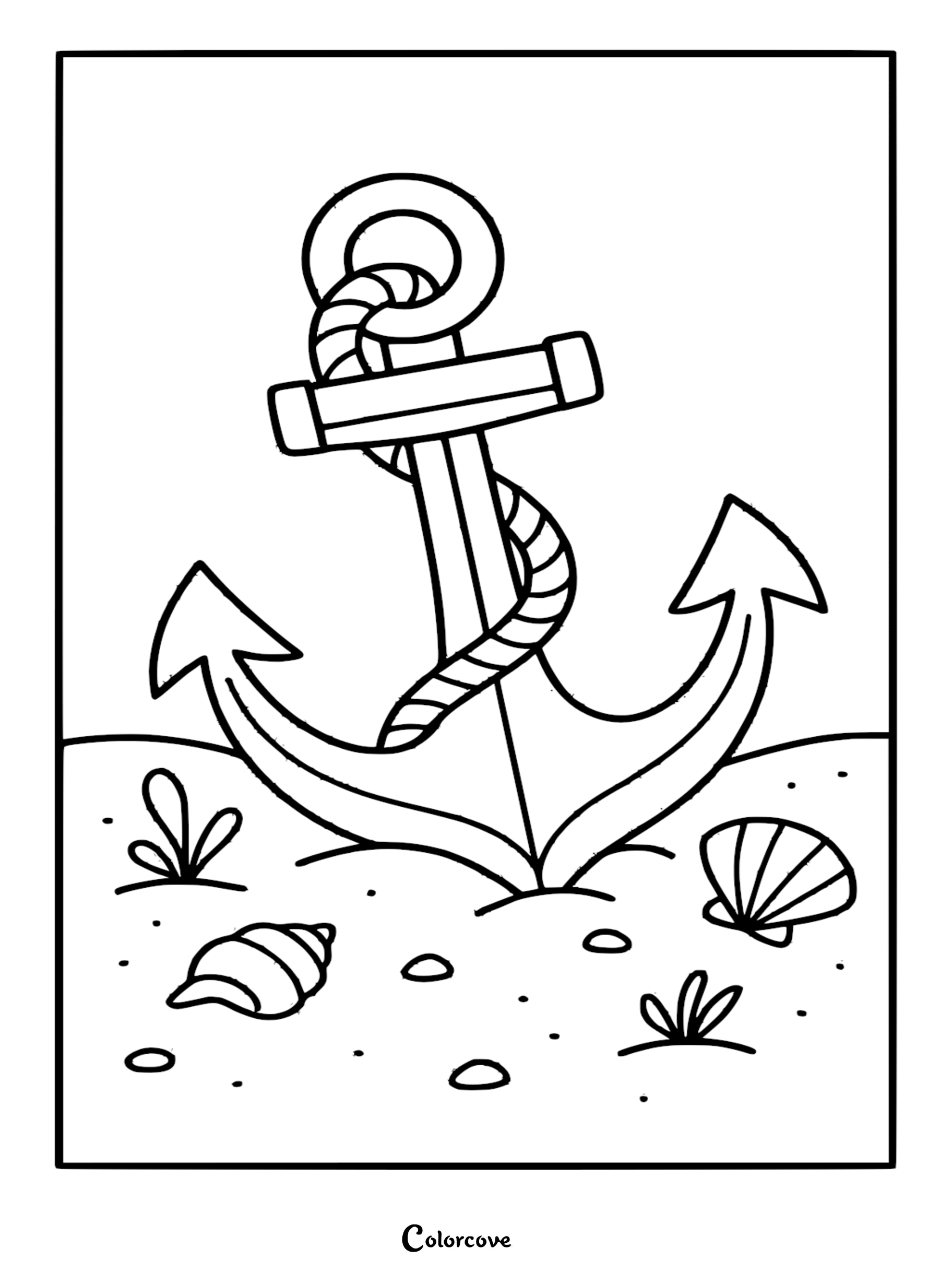 A printable coloring page featuring a nautical anchor wrapped in rope resting on a sandy beach surrounded by seashells and small plants.
