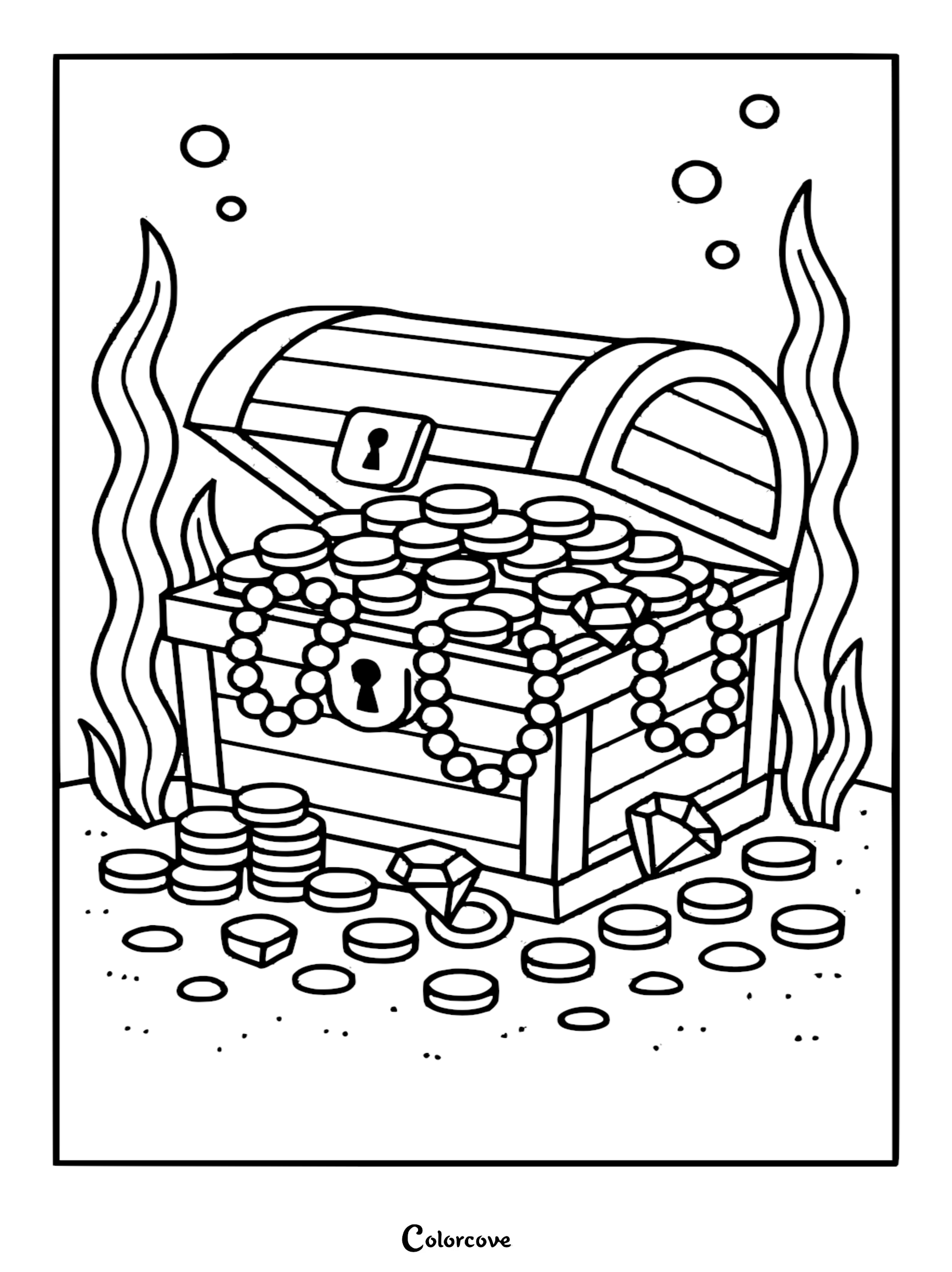 An underwater tropical island treasure chest coloring page filled with gold coins, pearl necklaces, and sparkling gems on the sandy ocean floor with seaweed.