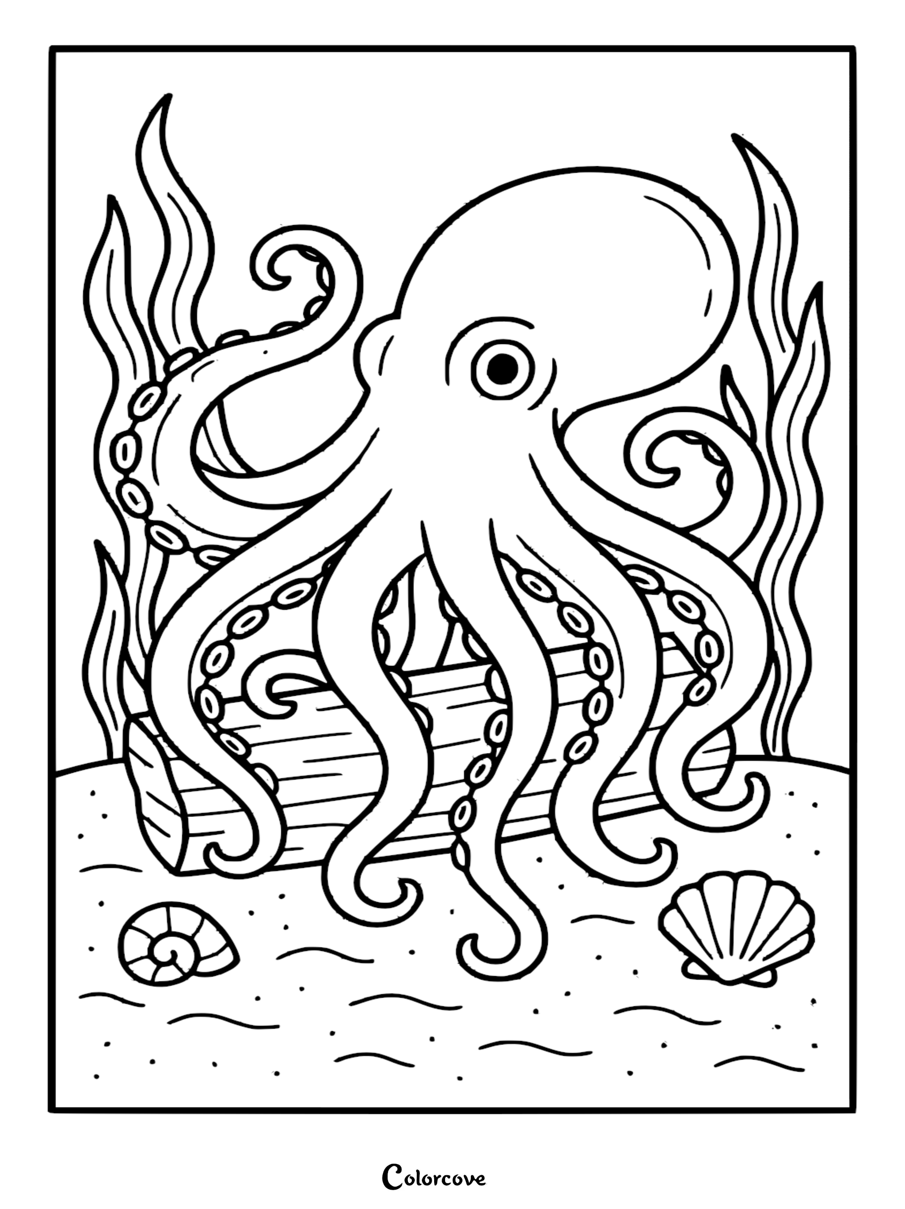 A friendly octopus with suction-cup tentacles sitting atop a wooden treasure chest on the sandy ocean floor in this printable coloring page.
