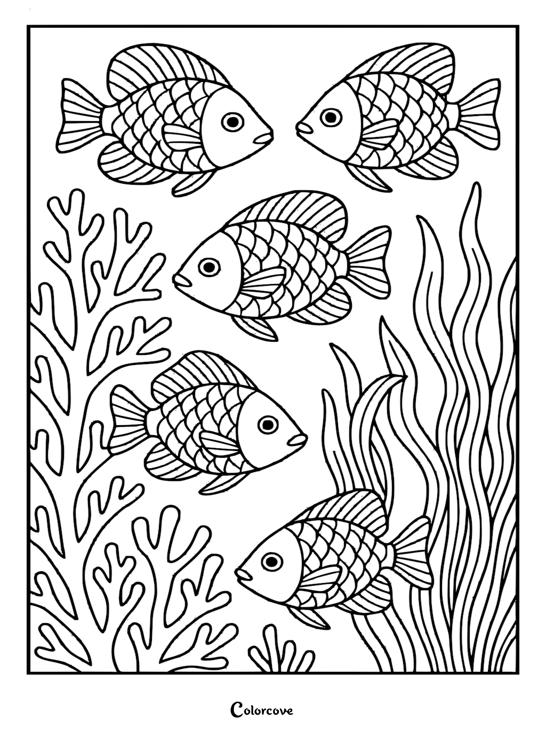 A printable tropical reef coloring page featuring four detailed fish swimming among coral and swaying seaweed.