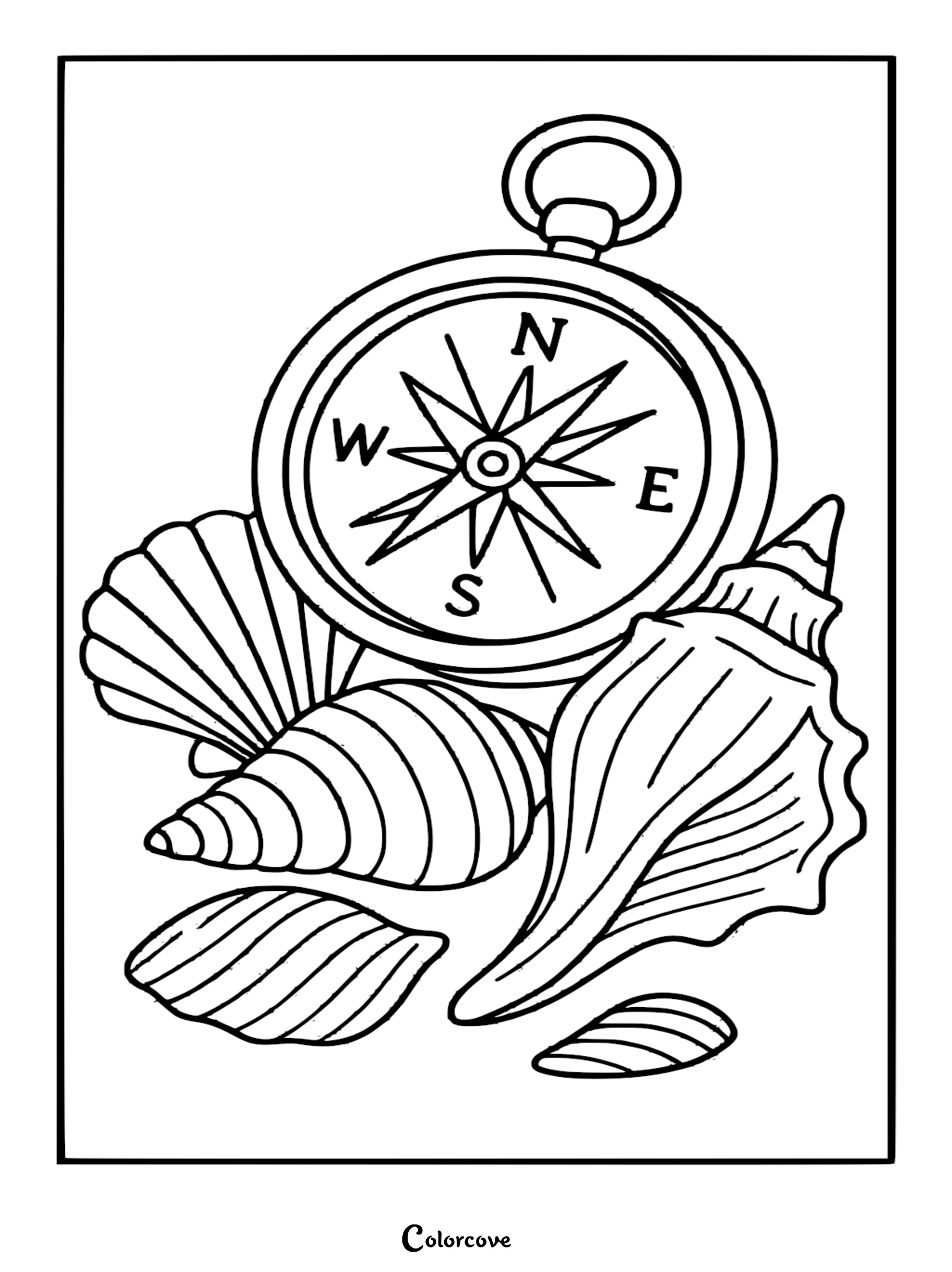 A printable coloring page featuring a vintage nautical compass resting behind a collection of detailed tropical seashells on a sandy shore.