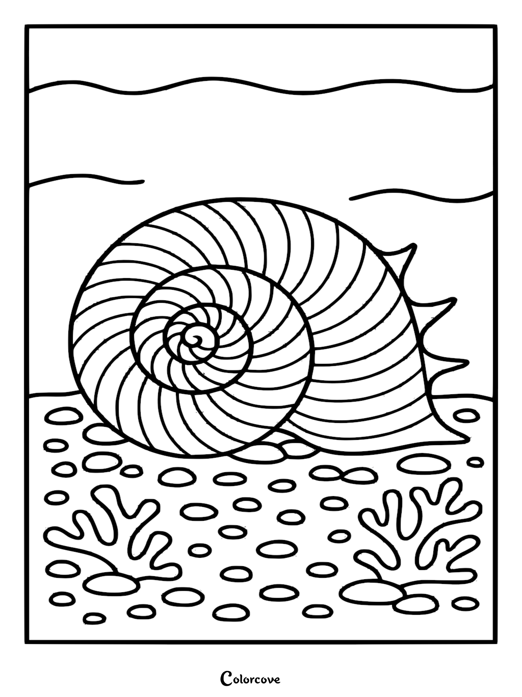 A printable coloring page featuring a detailed spiral nautilus seashell resting on a sandy ocean floor with coral reefs.