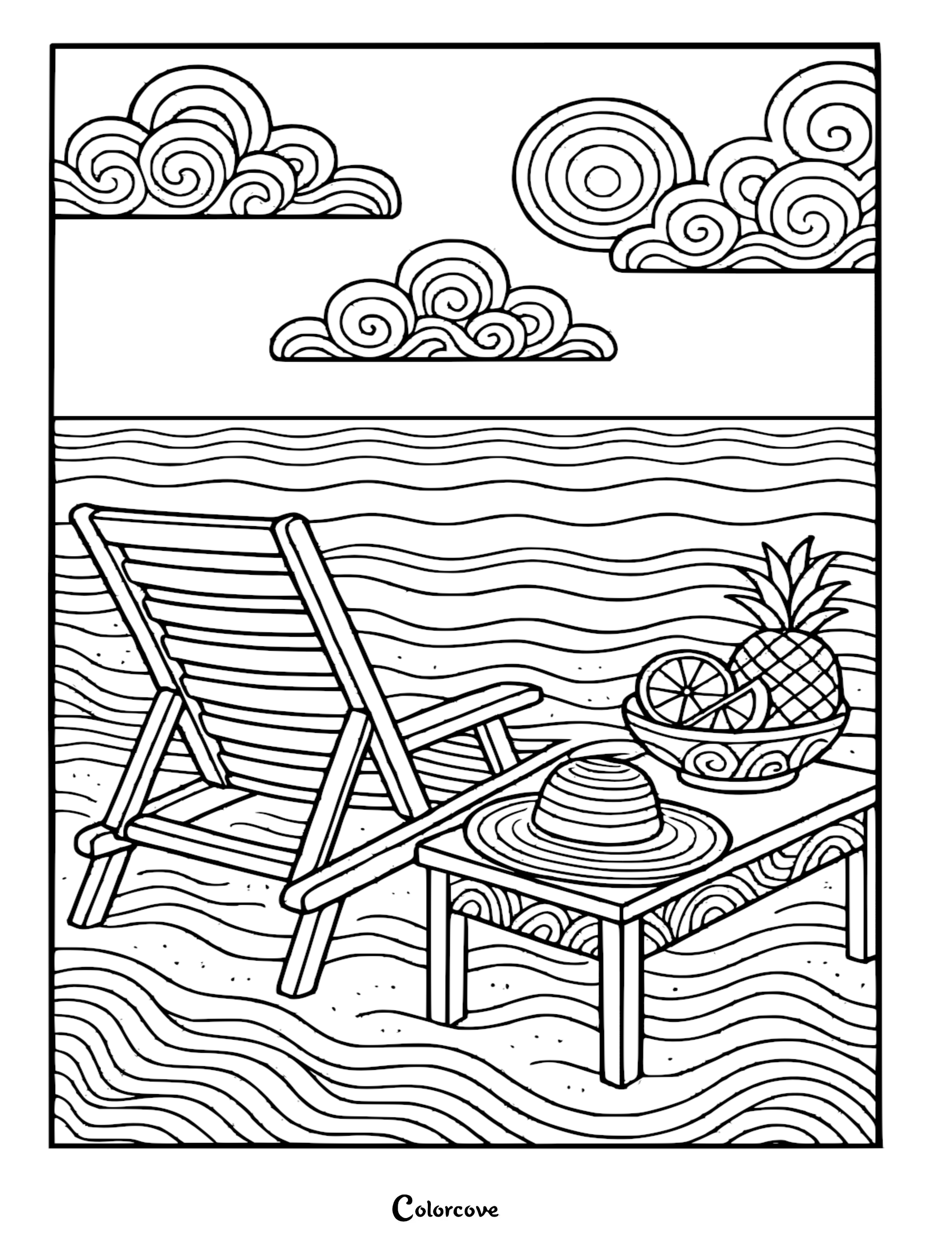 A relaxing tropical island coloring page featuring a wooden lounge chair on the sand next to a side table with a sun hat, pineapple, and citrus slices under swirly clouds.