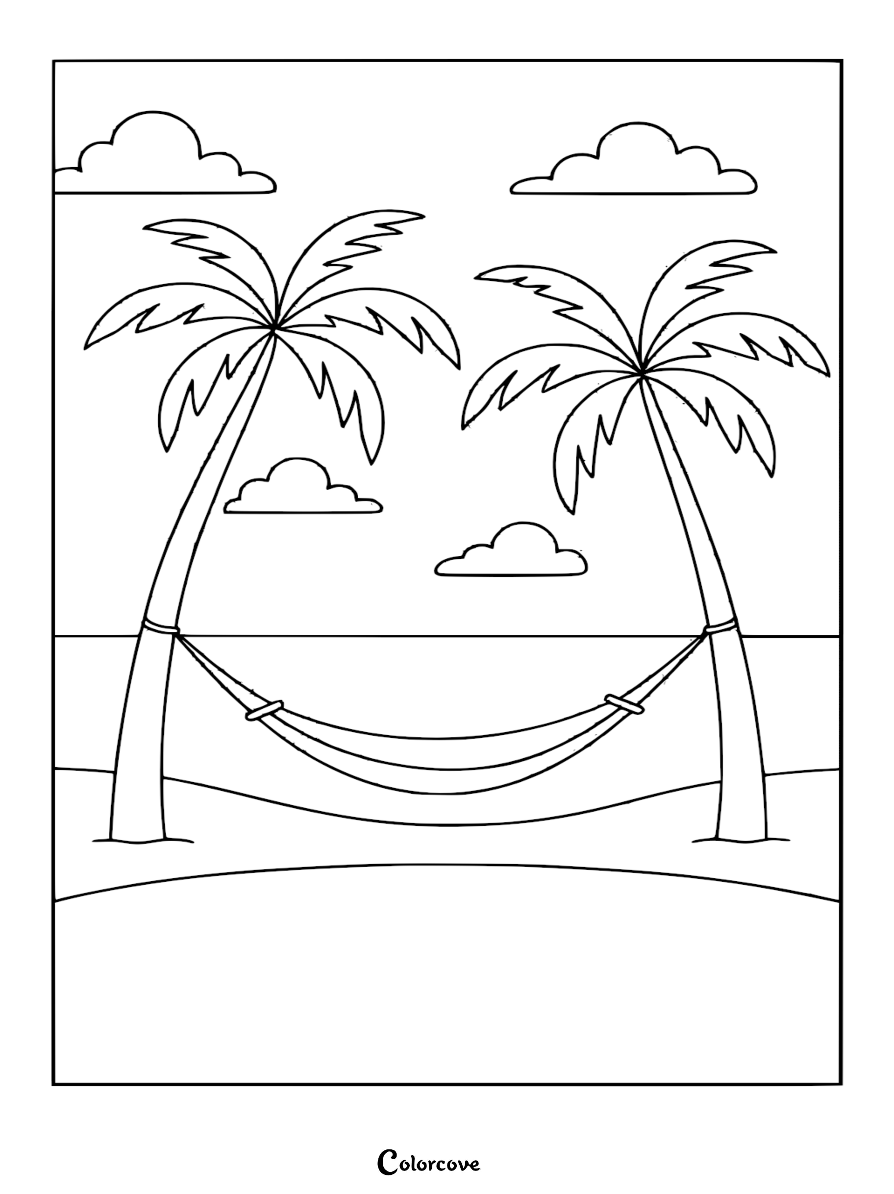 A relaxing tropical island coloring page featuring a hammock strung between two palm trees overlooking a serene ocean with puffy clouds.