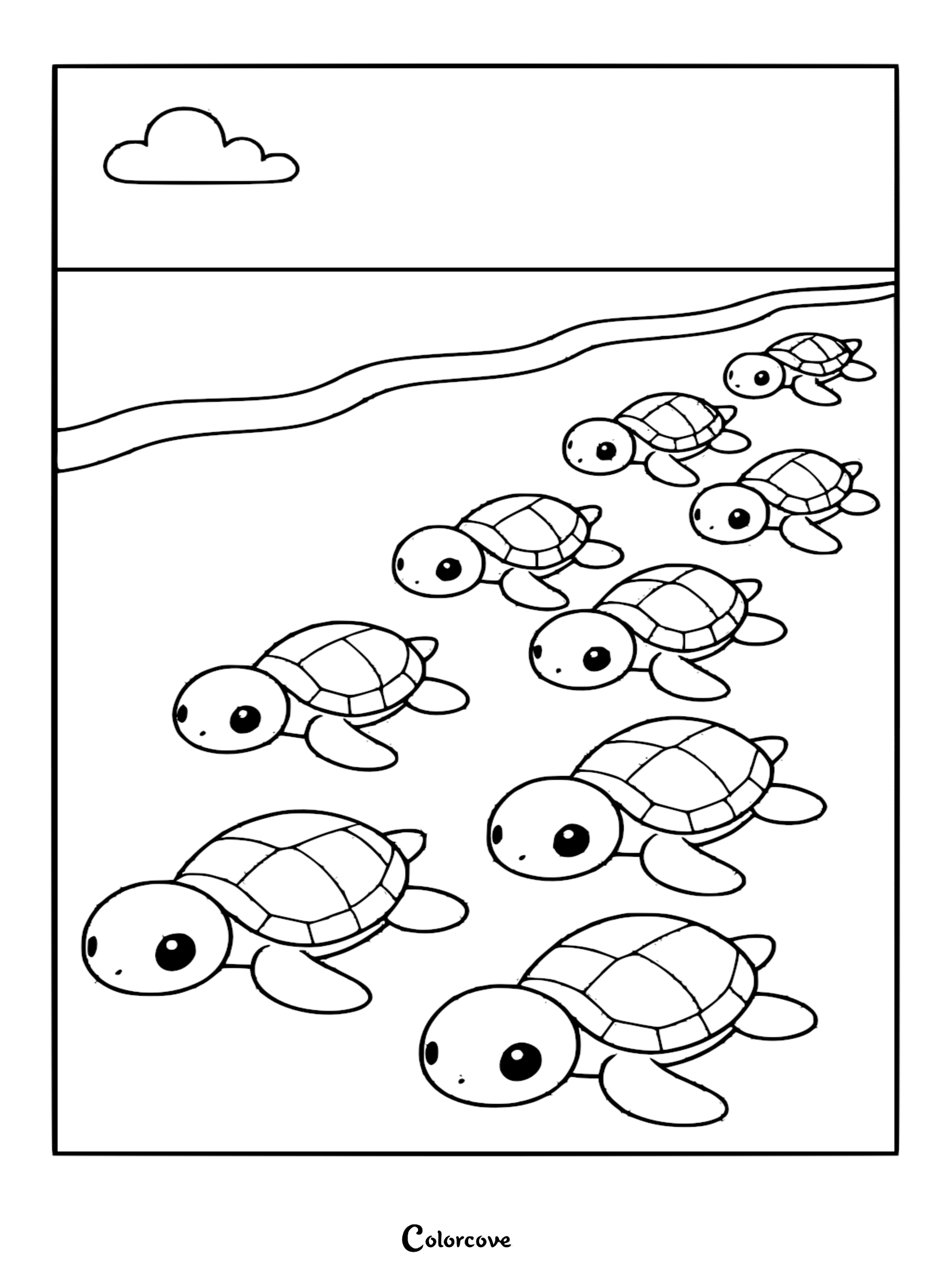 A printable coloring page featuring a group of adorable baby sea turtles crawling across a sandy beach toward the ocean under a single cloud.