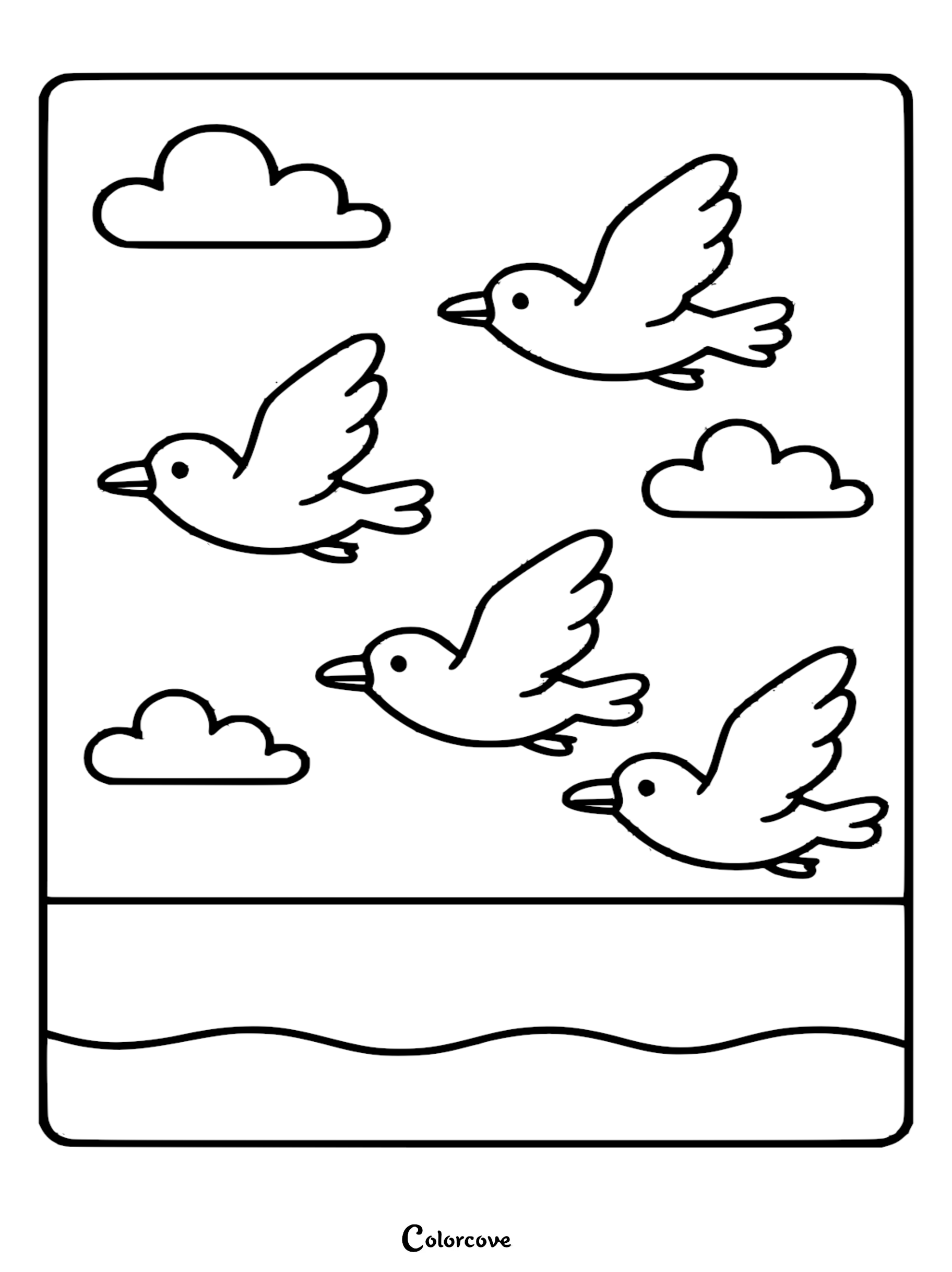 Four cute cartoon birds flying through a cloudy sky above a tropical ocean in this printable coloring page.