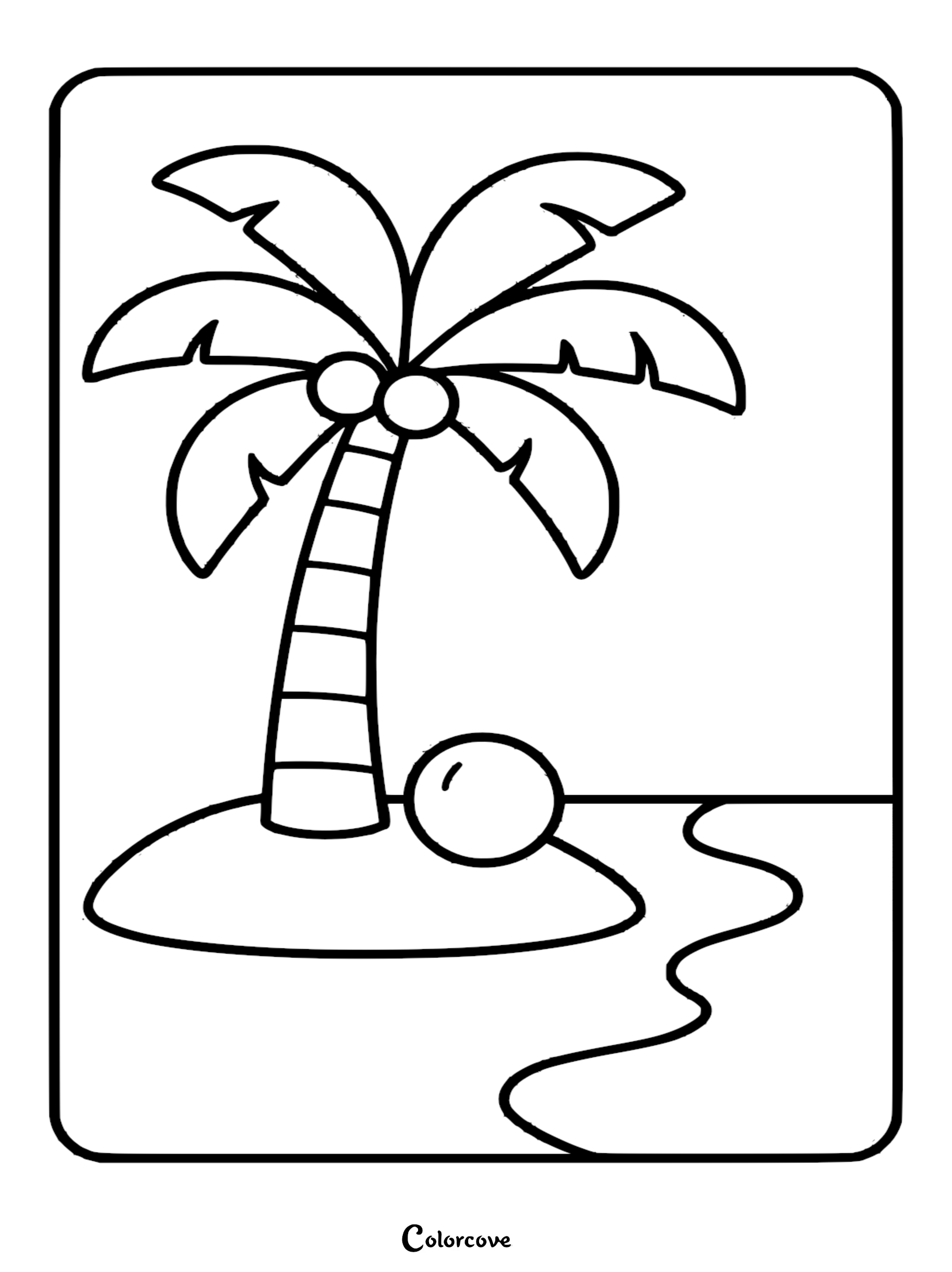 A simple black and white coloring page showing a lone palm tree with two coconuts on a small sand island next to a beach ball.