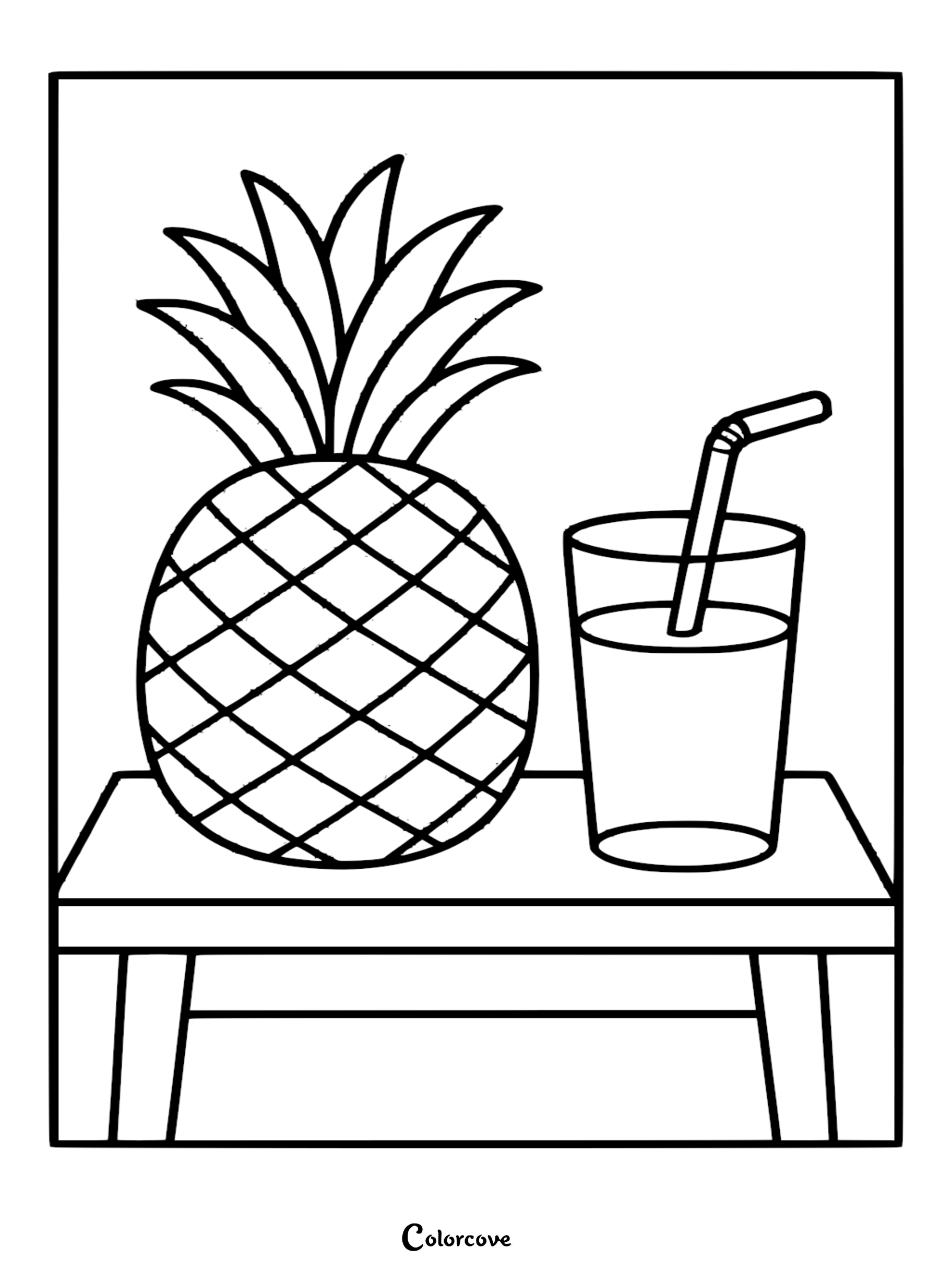 A printable coloring page featuring a whole pineapple and a tall glass of juice with a straw sitting on a small table.