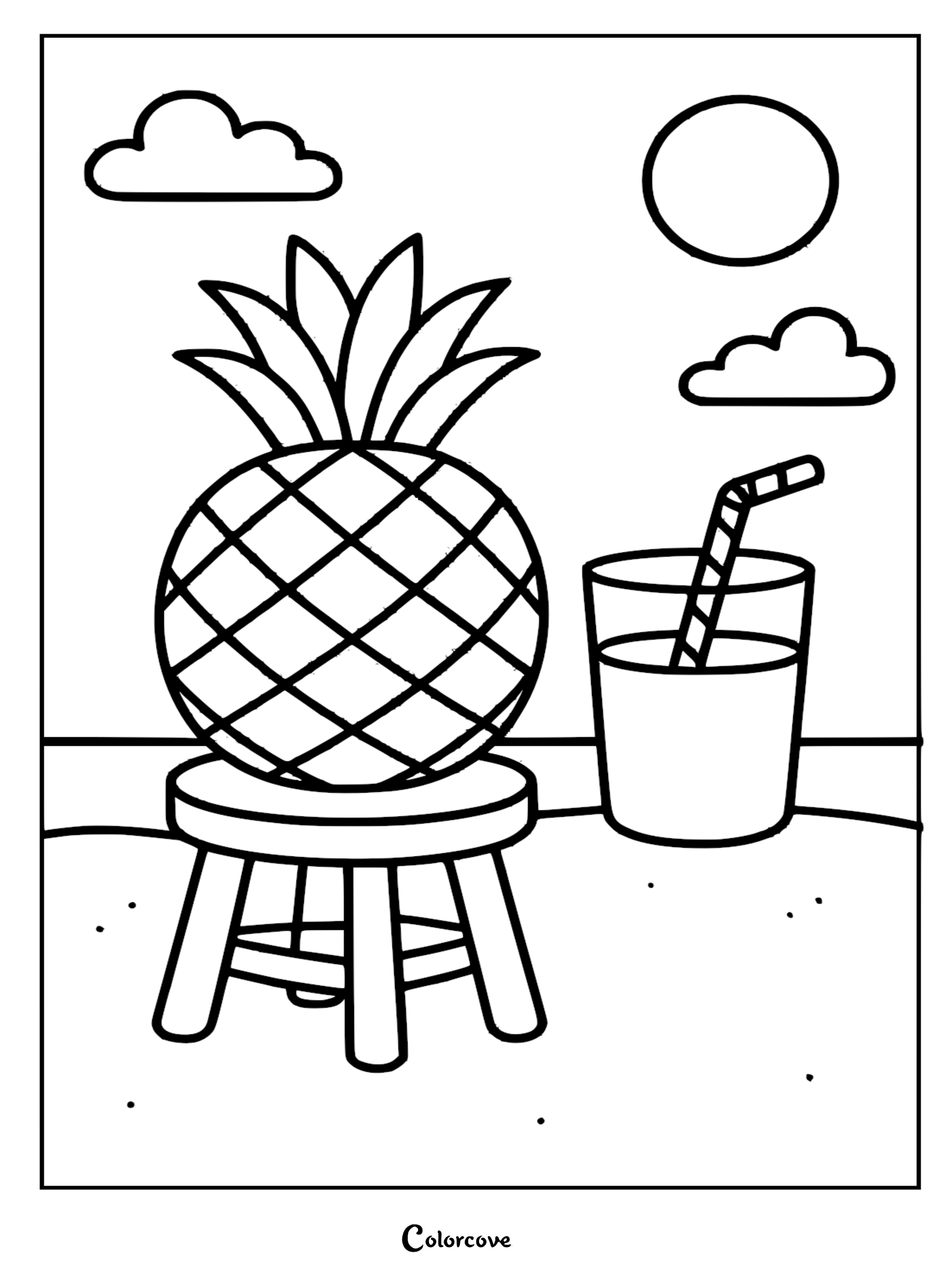 A printable coloring page featuring a whole pineapple sitting on a small wooden stool next to a glass of fruit juice with a striped straw on a sandy beach.