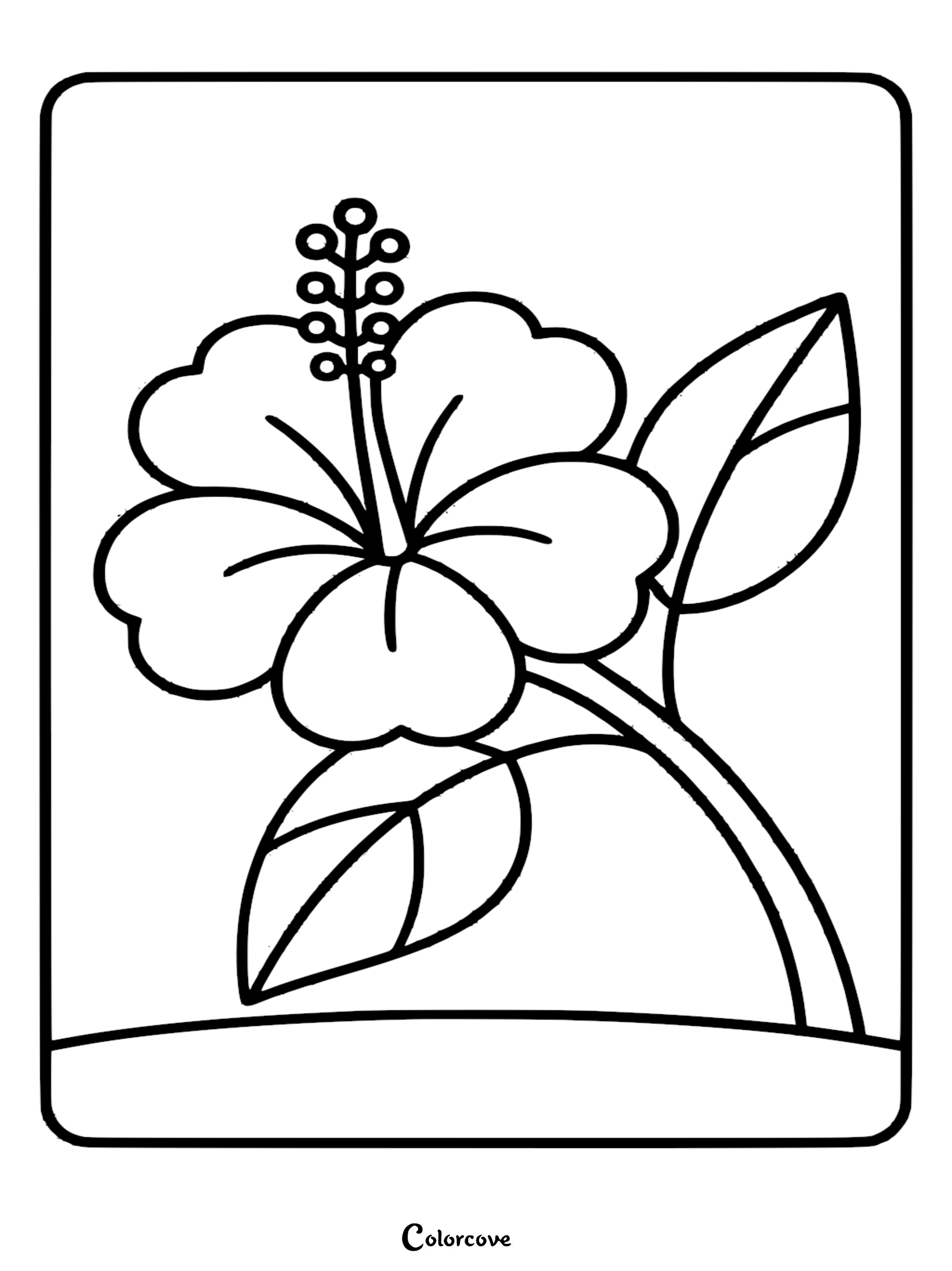 Simple tropical hibiscus flower coloring page with a prominent stamen and two leaves against a clean background.