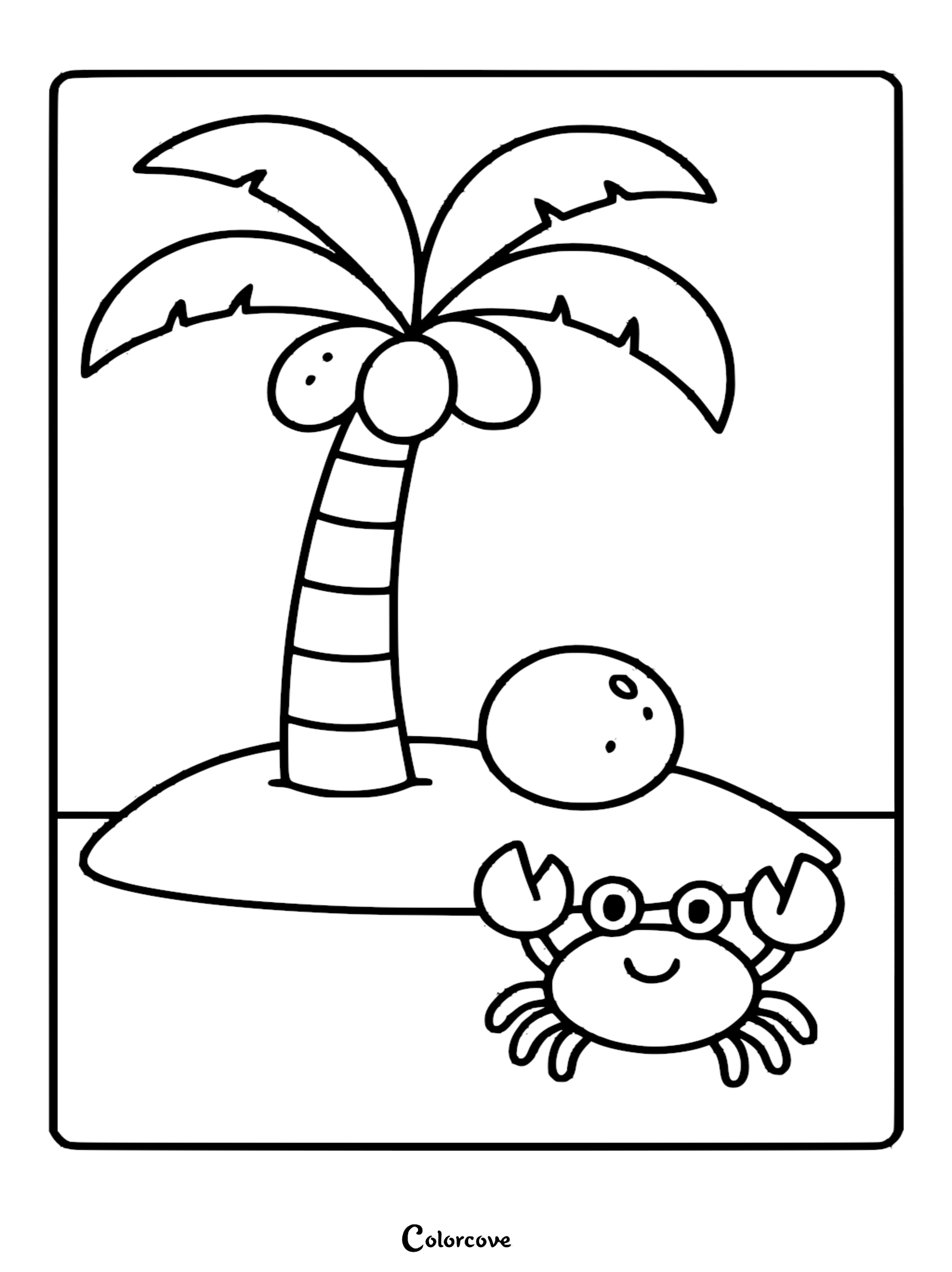 Simple coloring page featuring a smiling cartoon crab standing on a sandy beach next to a palm tree with coconuts.