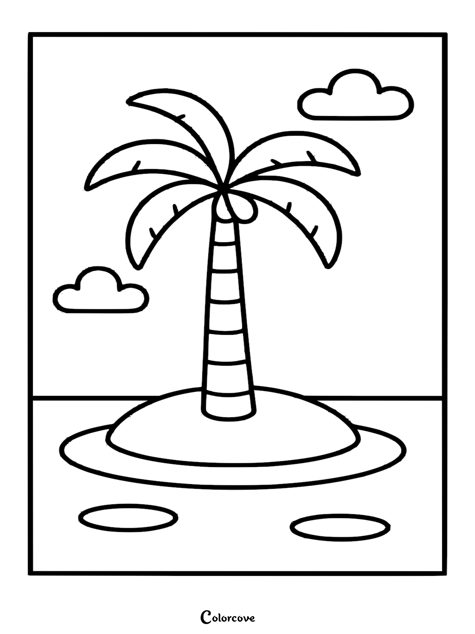 Simple coloring page featuring a solitary palm tree on a small desert island with two clouds in the background.