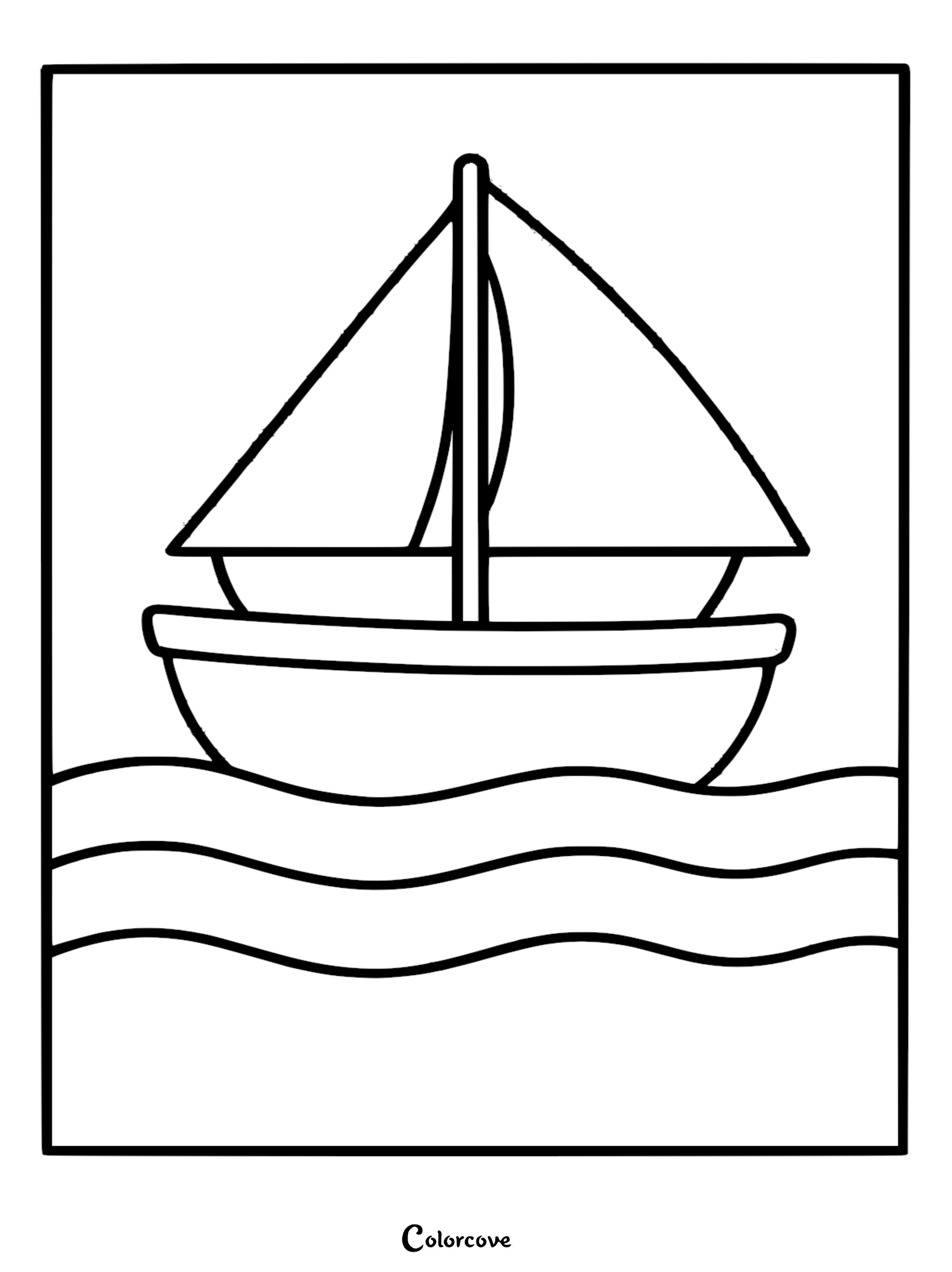 A simple sailboat coloring page featuring a single mast and triangular sail floating on stylized wavy ocean water.