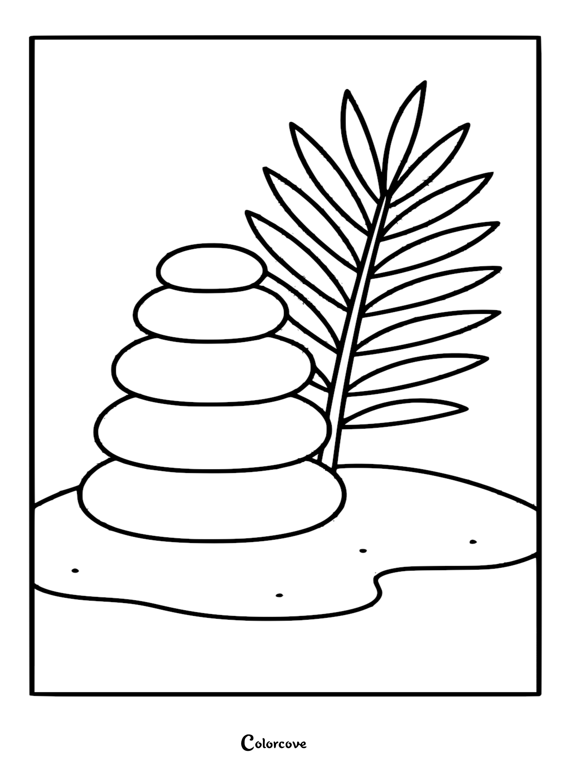A simple coloring page featuring a stack of five smooth zen balance stones next to a large tropical palm leaf on a sandy beach.