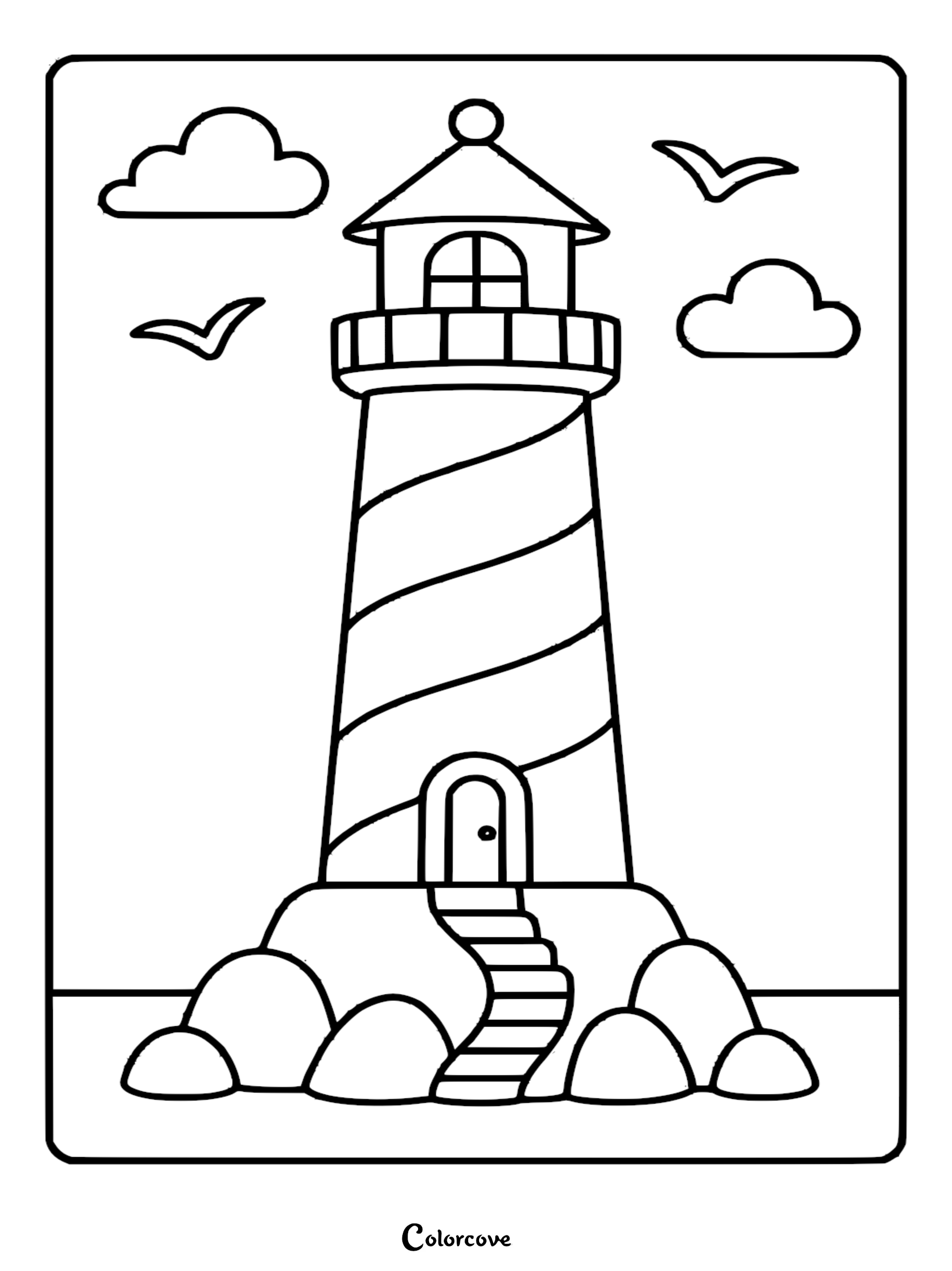 A printable lighthouse coloring page featuring a striped tower on a rocky island with clouds and flying seagulls.