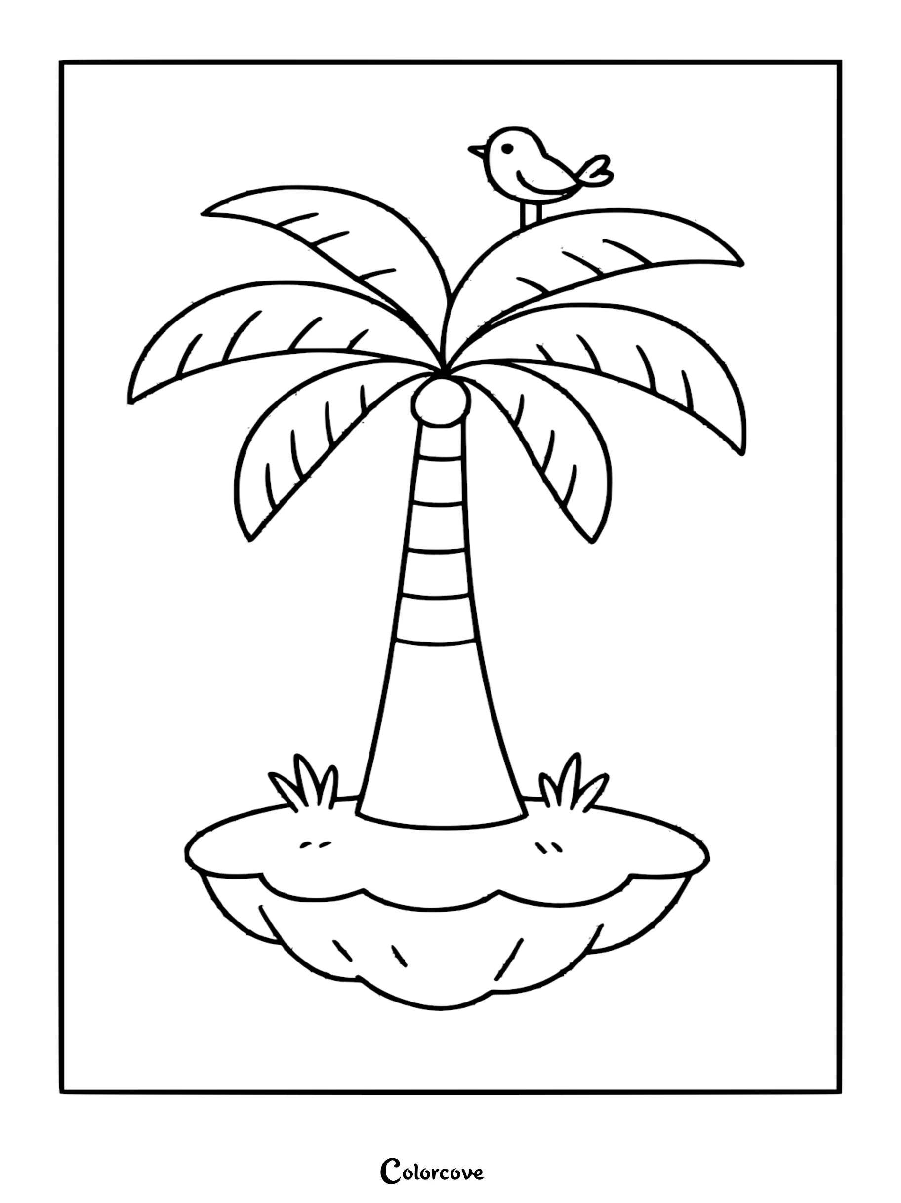 A simple black and white coloring page featuring a small bird perched atop a palm tree on a tiny desert island.