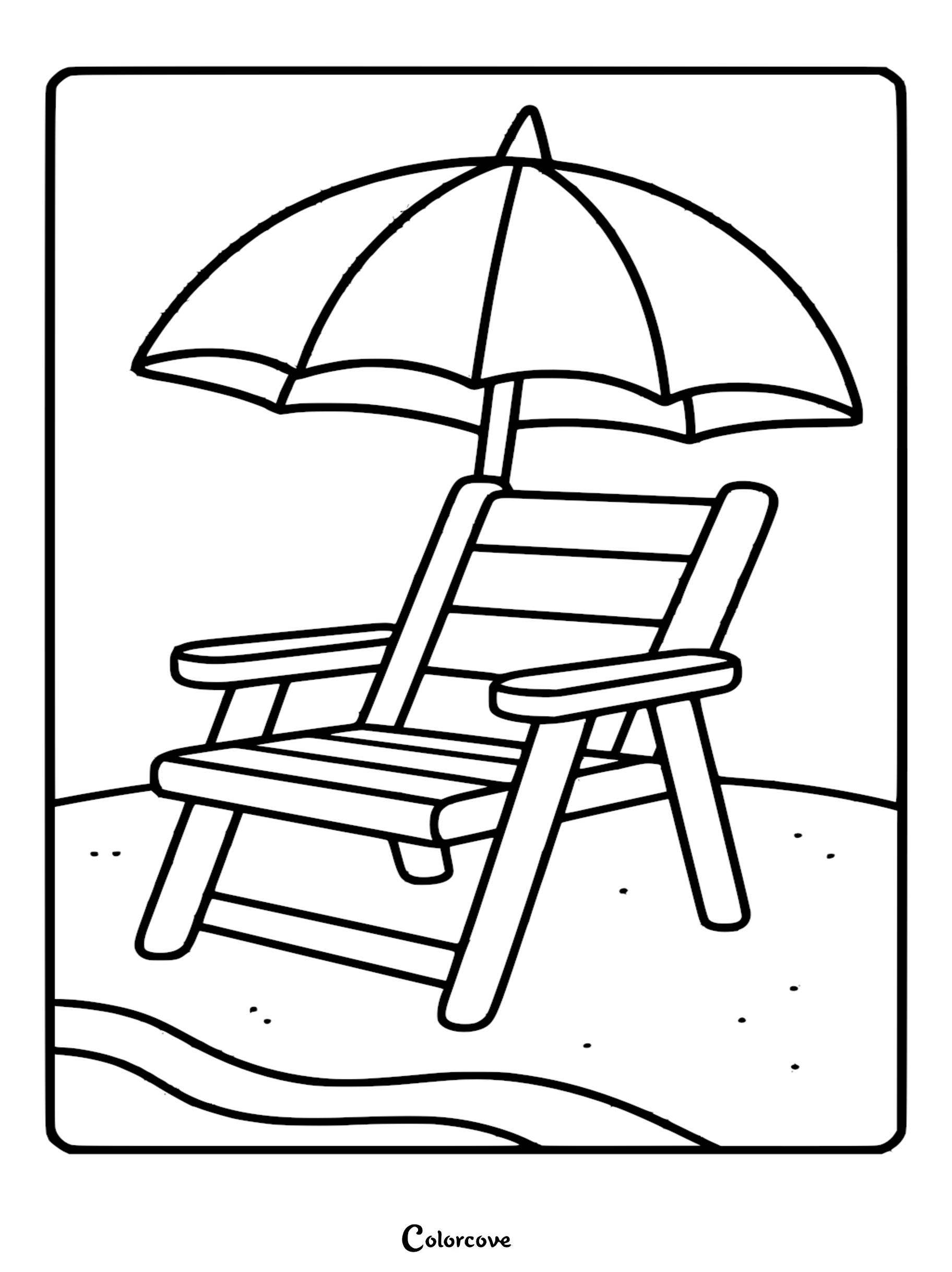 A printable coloring page featuring a wooden deck chair resting under a large sun umbrella on a sandy beach shore.