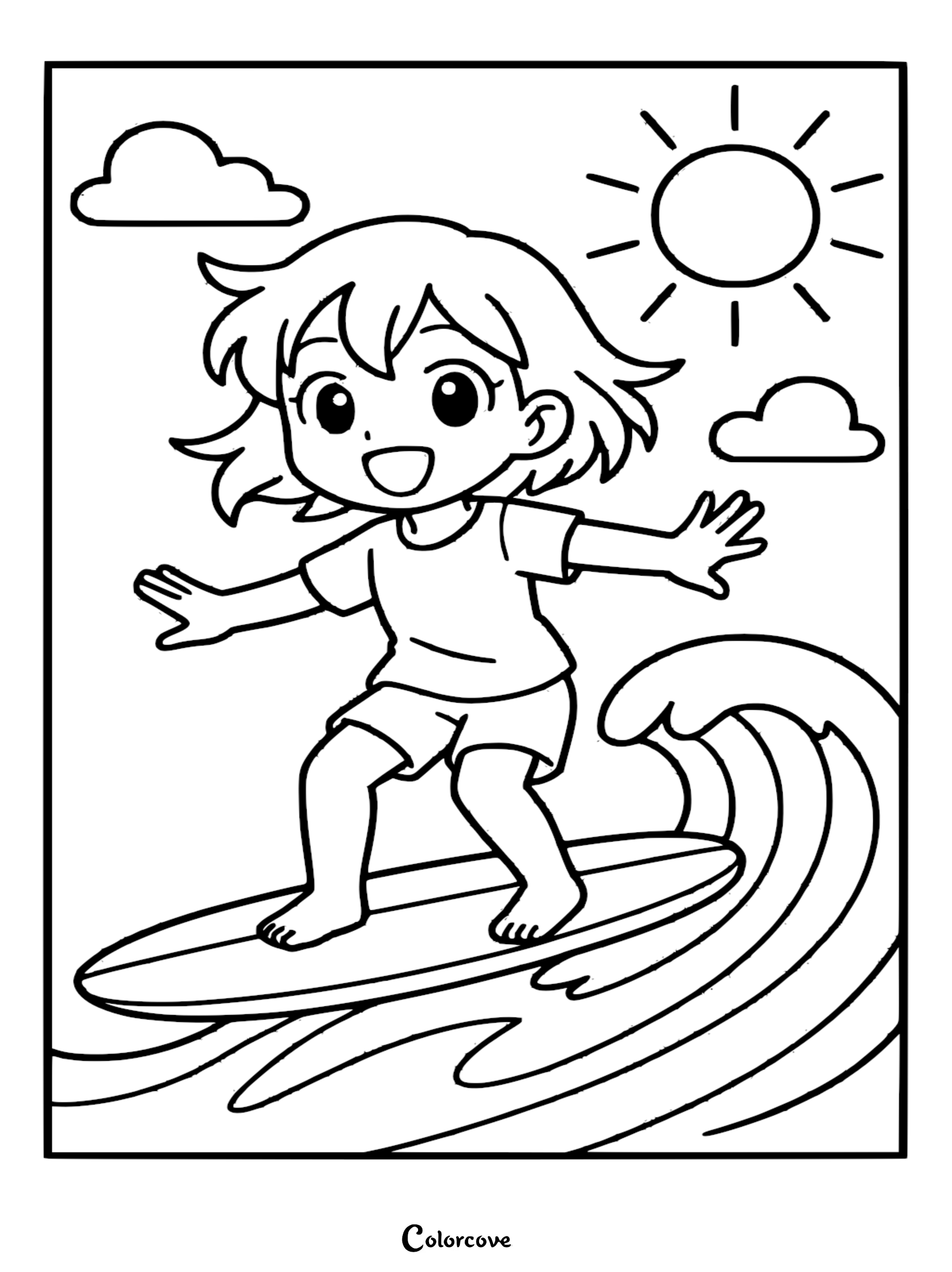 A cute anime-style girl surfing on a large ocean wave under a bright sun, outlined coloring page for kids.