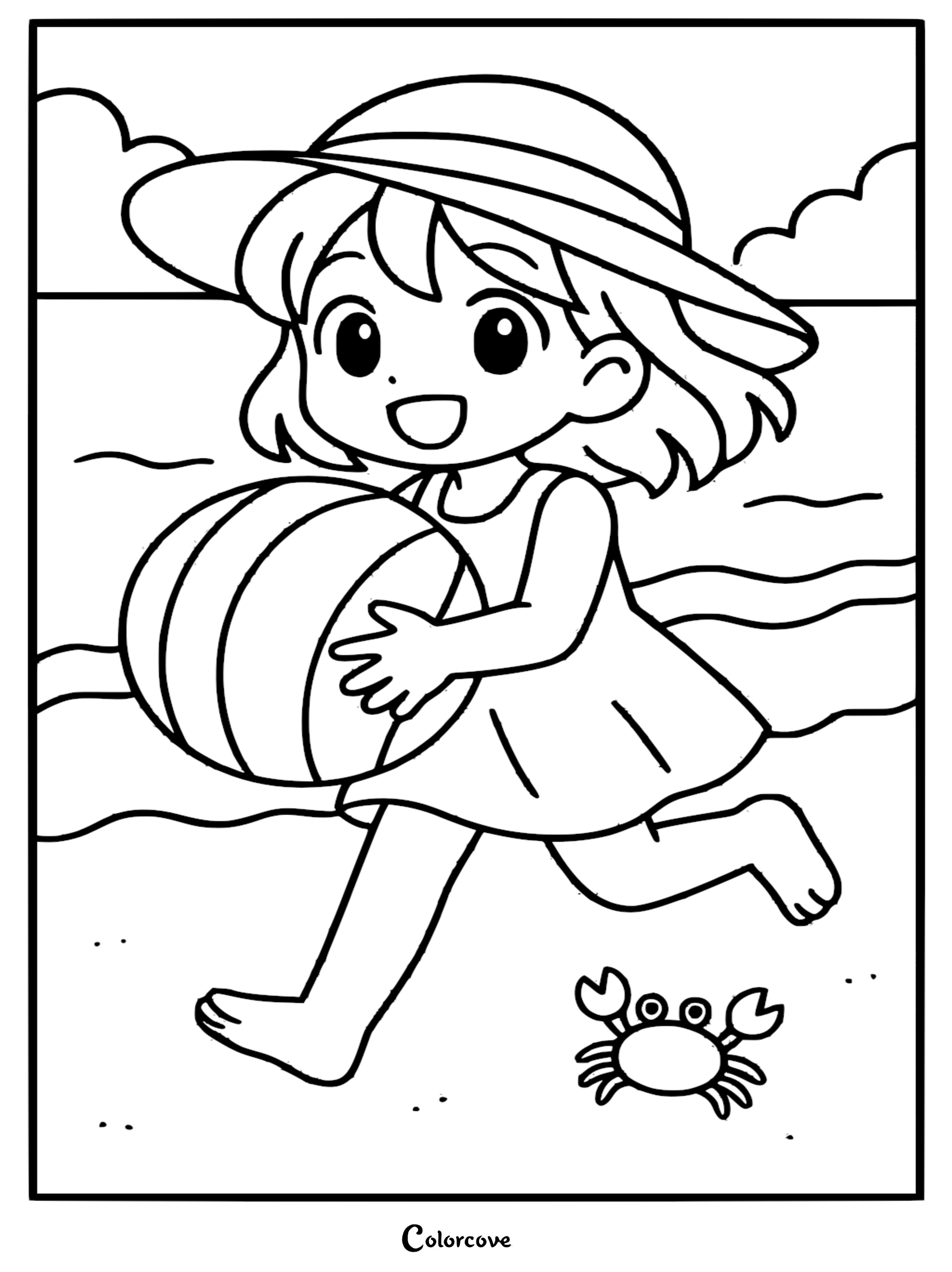 A happy anime-style girl in a sun hat running on the beach with a striped ball, near a small crab, coloring page line art.