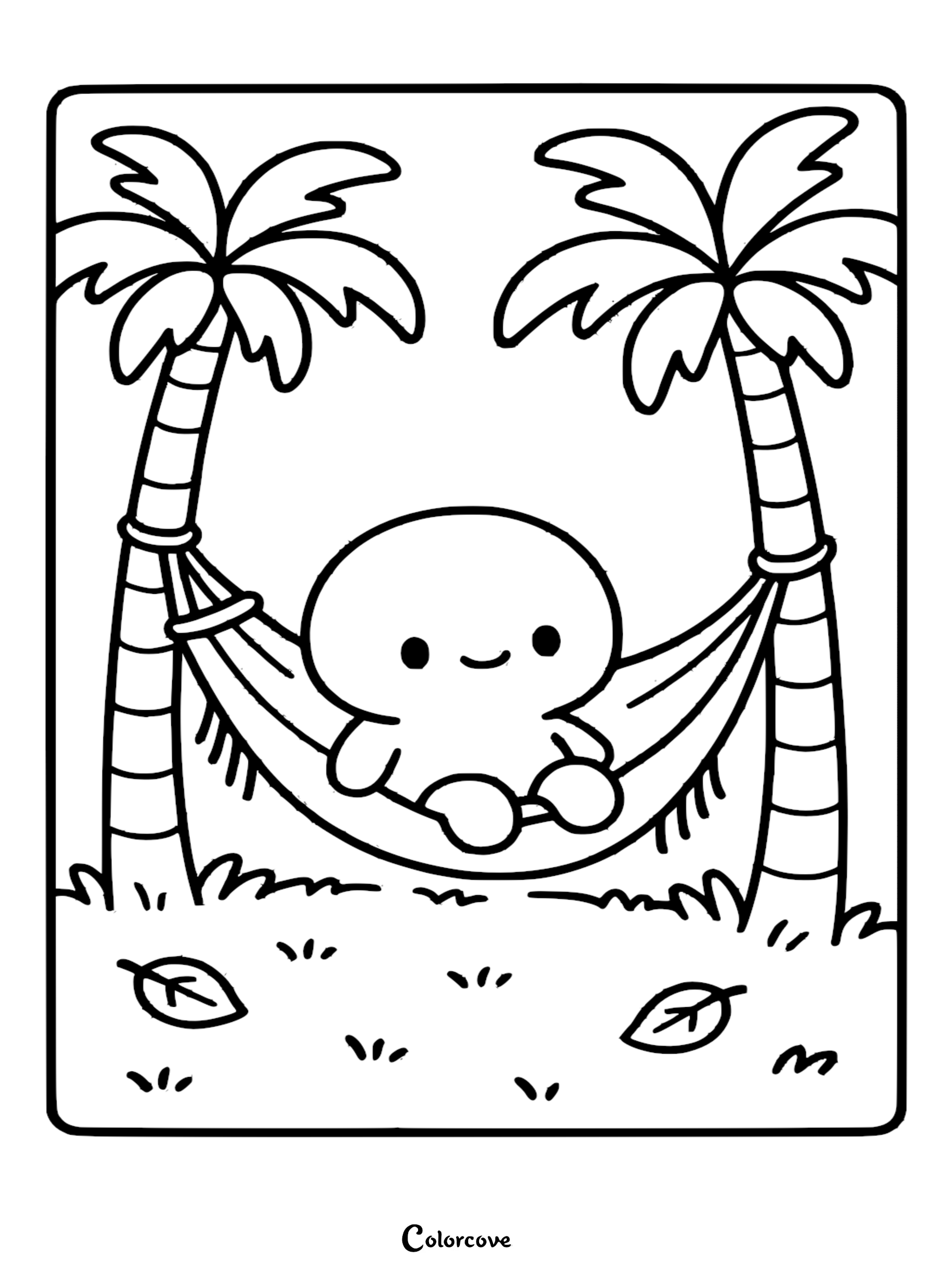 A simple black and white line art coloring page featuring a cute blob character lounging in a hammock strung between two tropical palm trees.