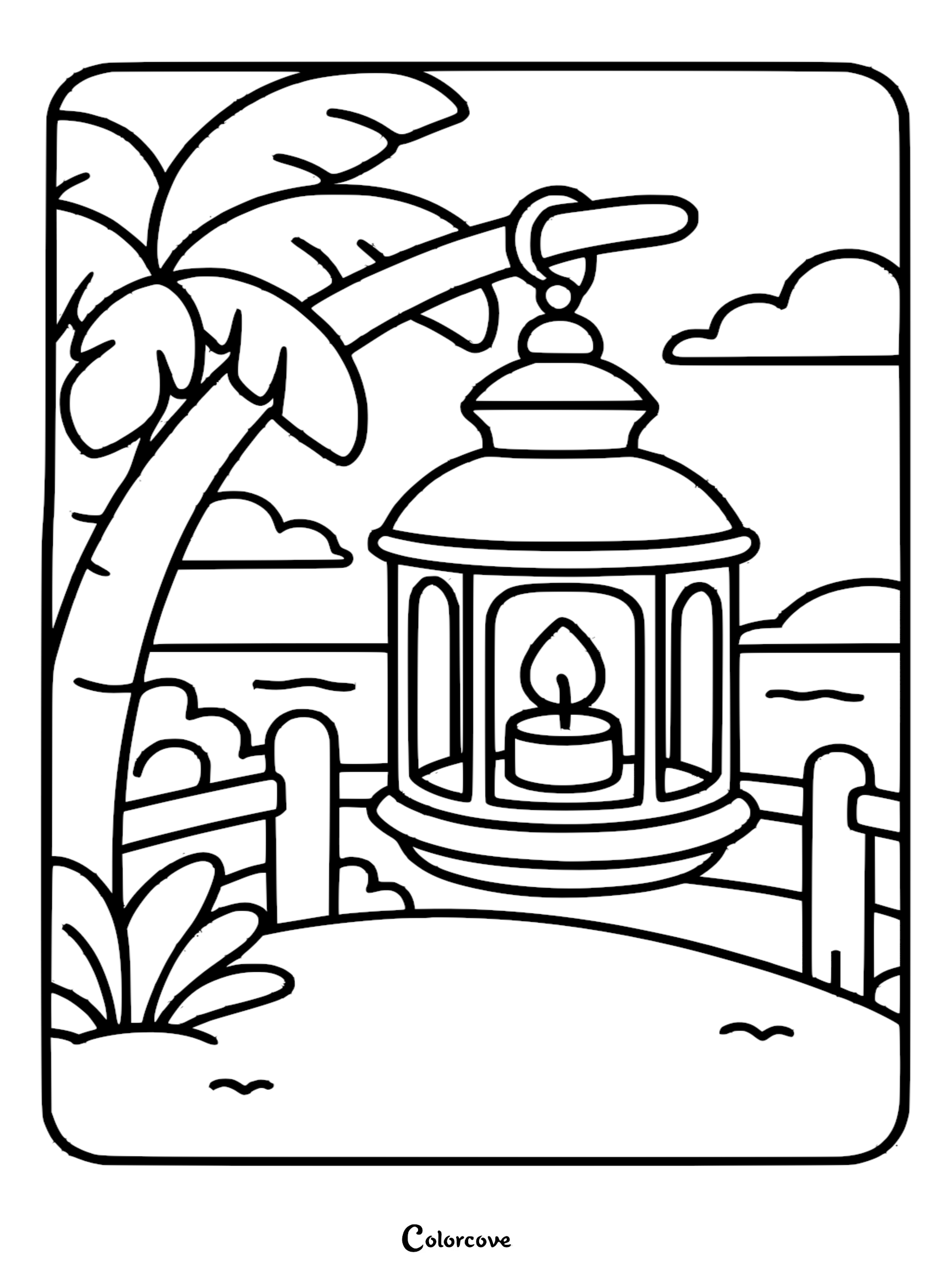 A tropical coloring page featuring a glowing candle lantern hanging from a palm tree branch against an ocean horizon.