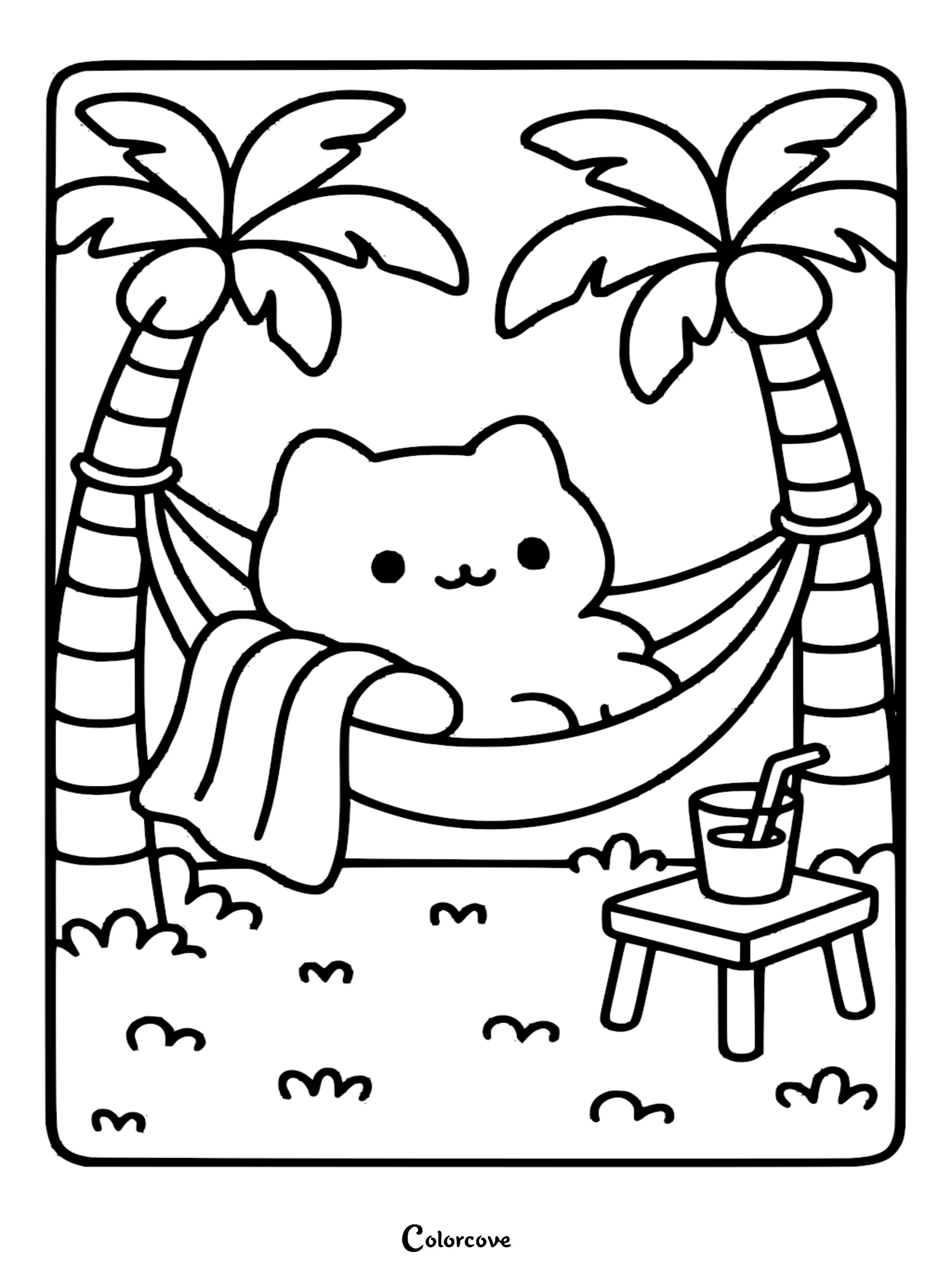 Kawaii cat lounging in a tropical hammock between two palm trees with a drink on a small side table coloring page