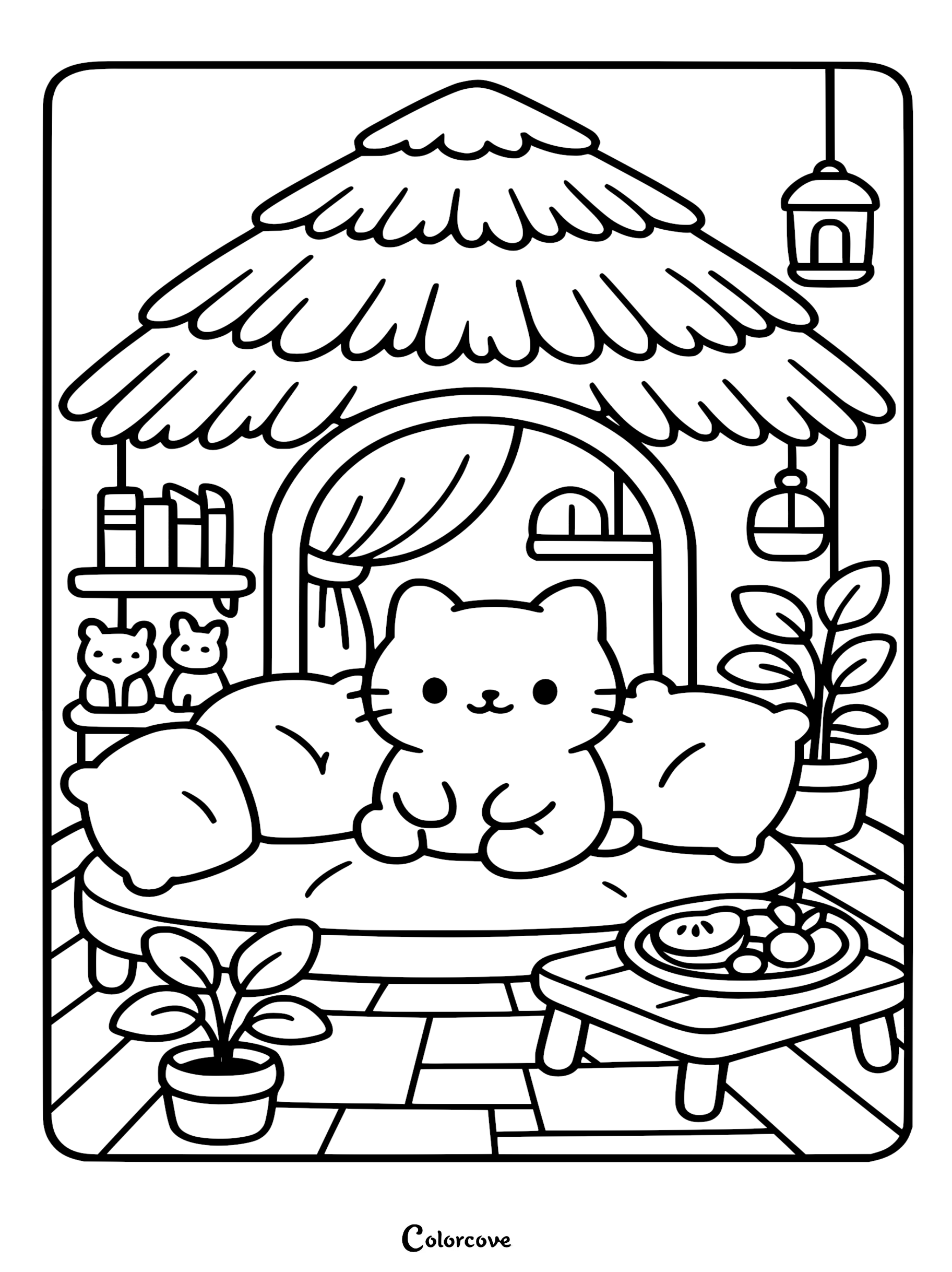A cute cartoon cat sitting on a plush sofa inside a thatched tropical island hut, featuring potted plants, hanging lanterns, and a fruit snack tray in this coloring page.