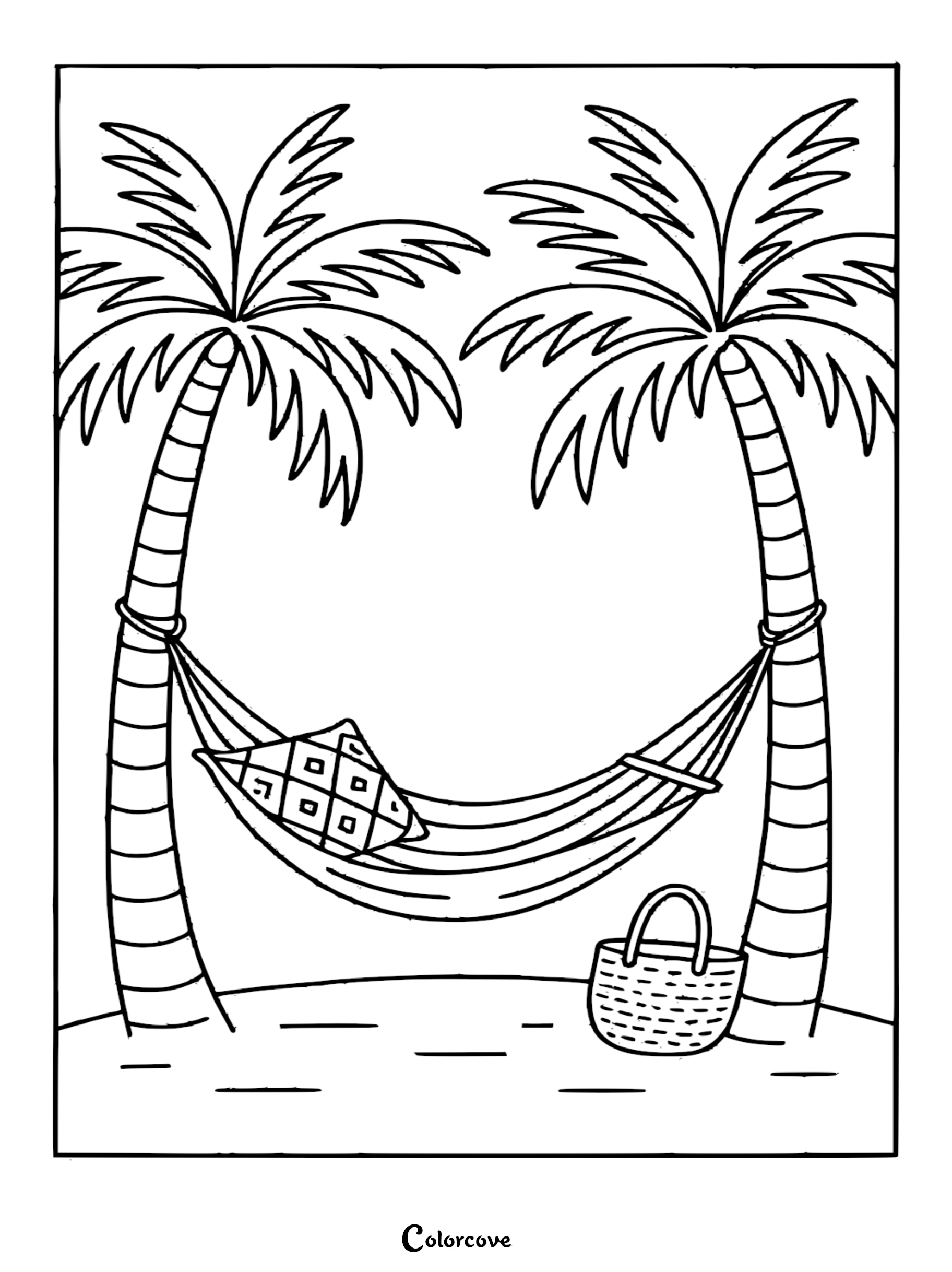 A relaxing tropical island scene coloring page featuring a hammock strung between two palm trees with a patterned pillow and a beach tote bag.