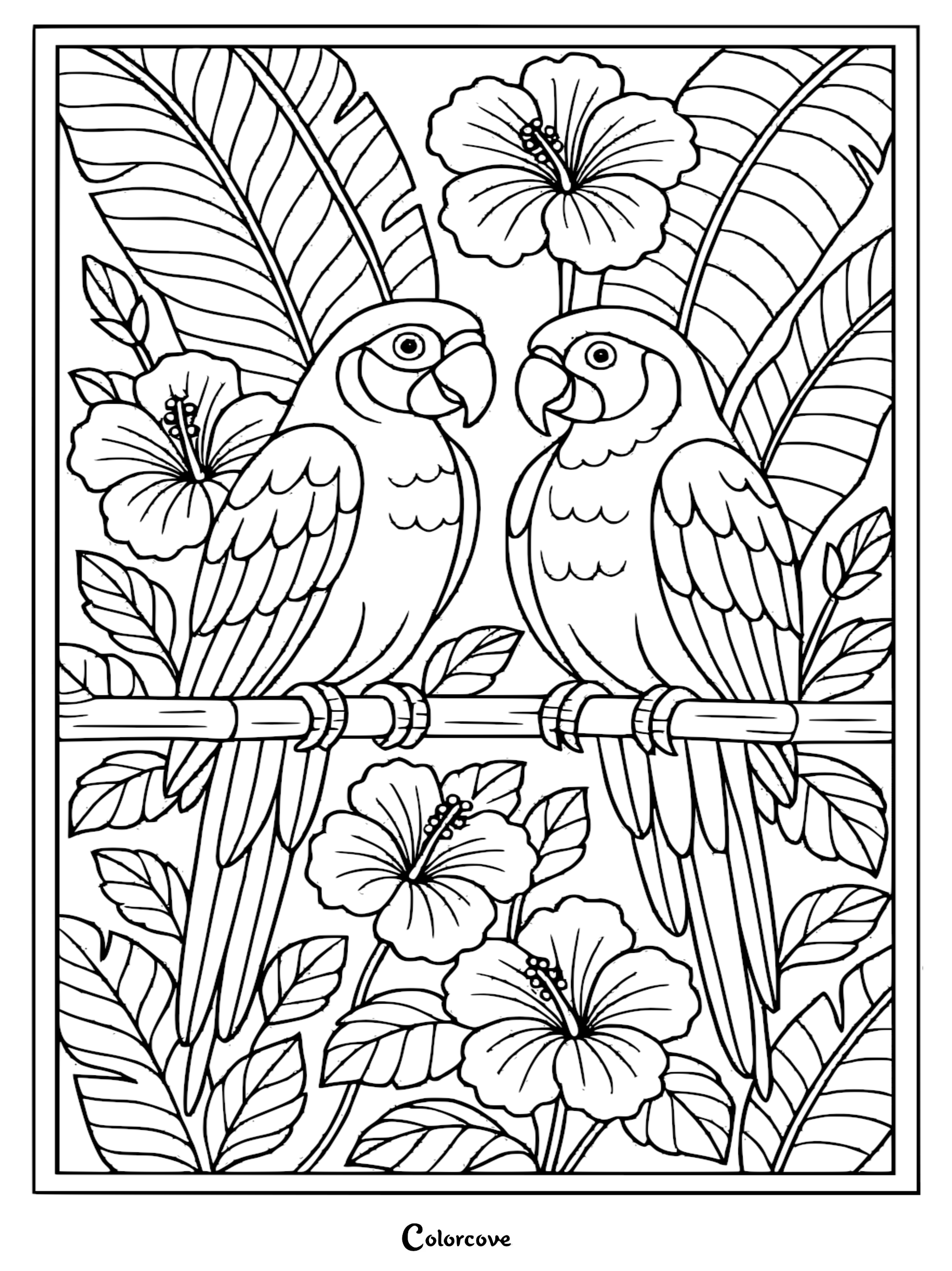 Two parrots perched on a bamboo branch surrounded by hibiscus flowers and large palm leaves, printable tropical island coloring page.