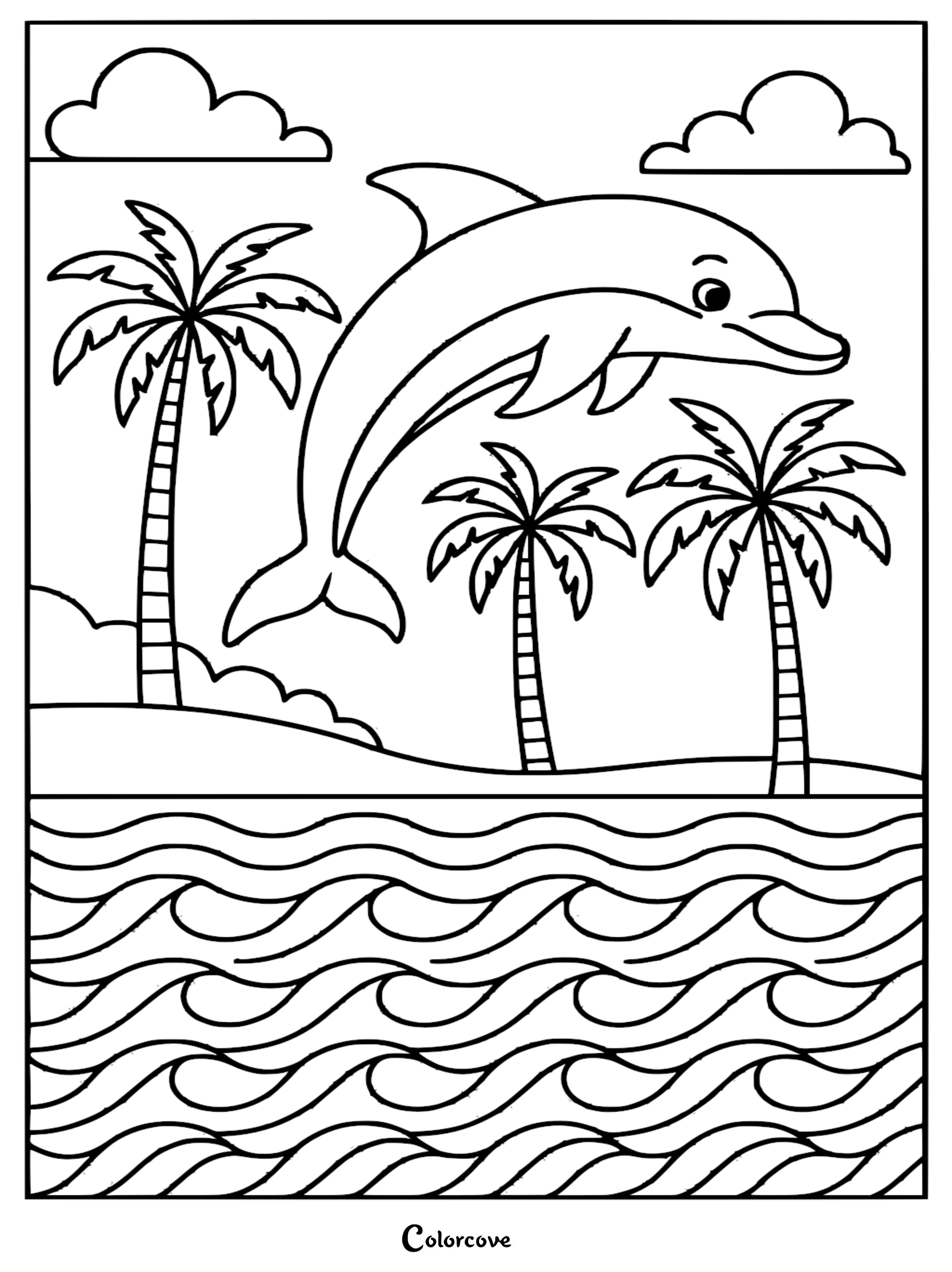 A printable coloring page featuring a happy dolphin leaping out of wavy ocean water near a sandy beach with three palm trees and fluffy clouds.
