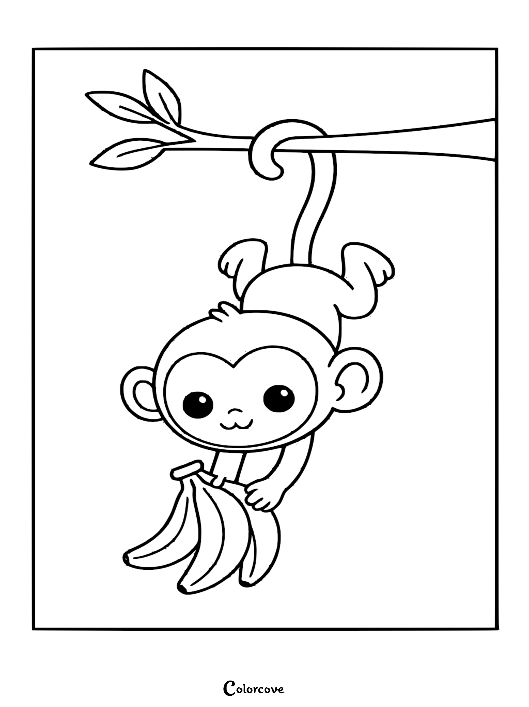 A happy cartoon monkey hanging by its tail from a tropical tree branch holding a bunch of bananas coloring page.