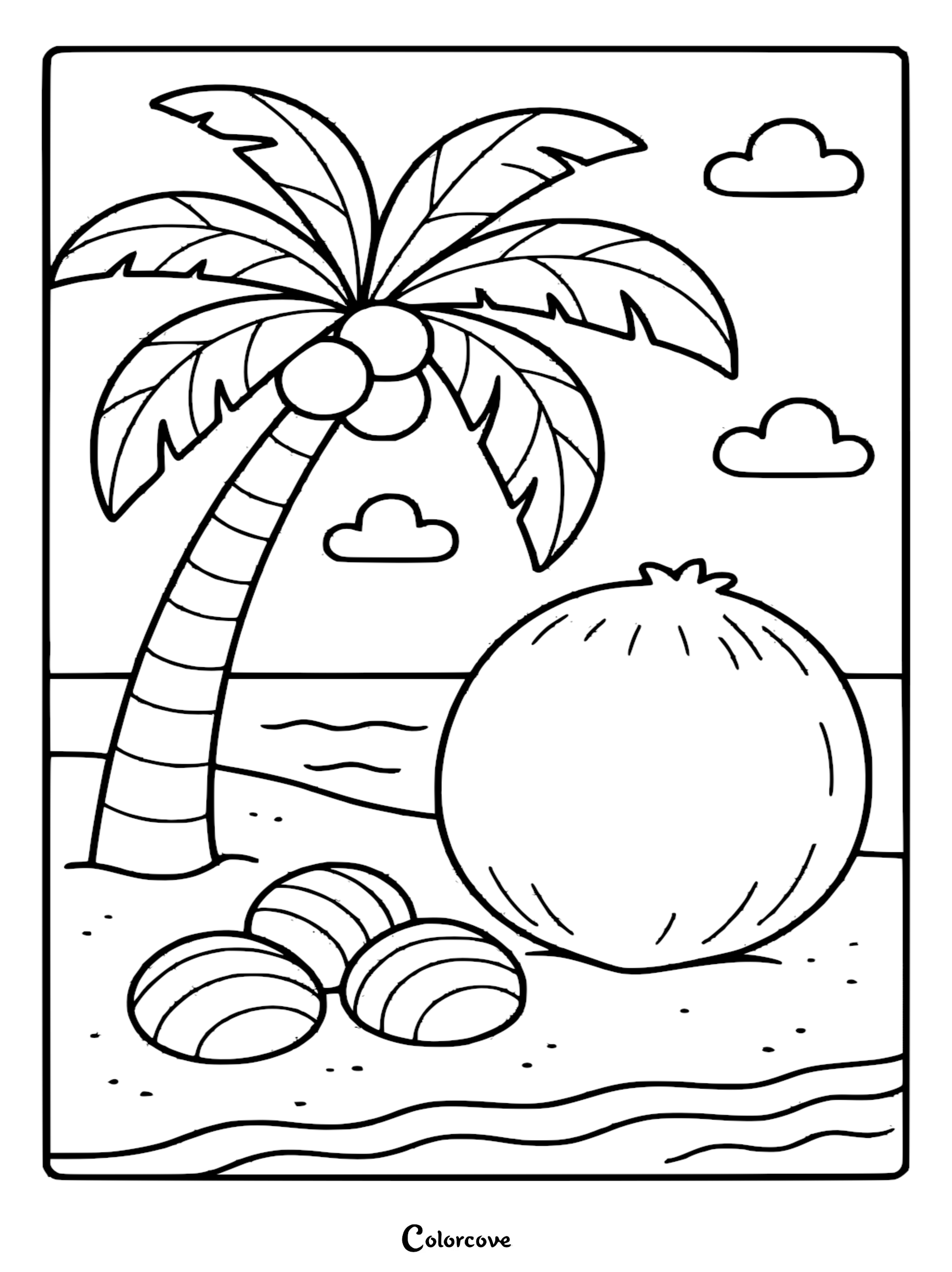 A printable coloring page featuring a palm tree with coconuts, a large coconut, and sea shells on a sandy beach shore with clouds above.