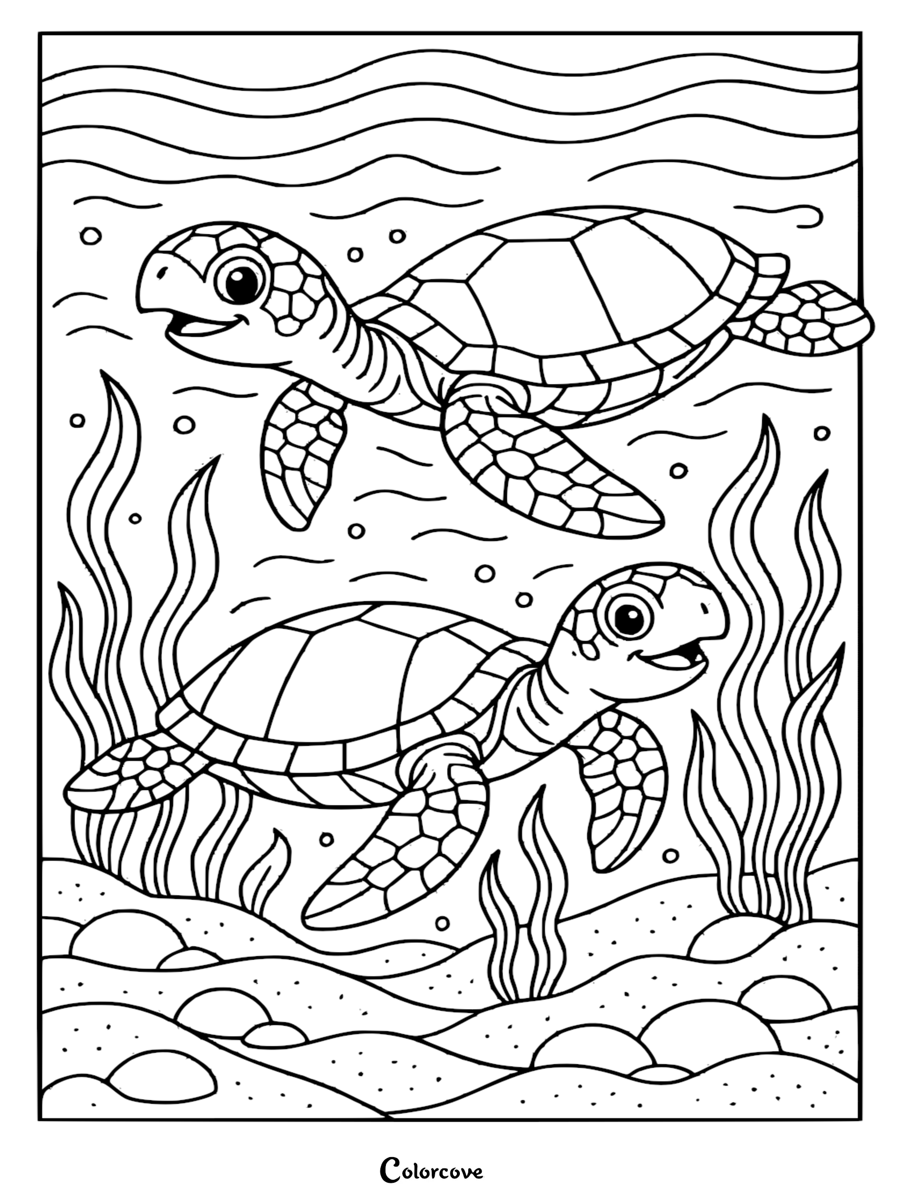 Two cute sea turtles swimming through tropical ocean currents, featuring kelp and sandy seabed in this line art coloring page.