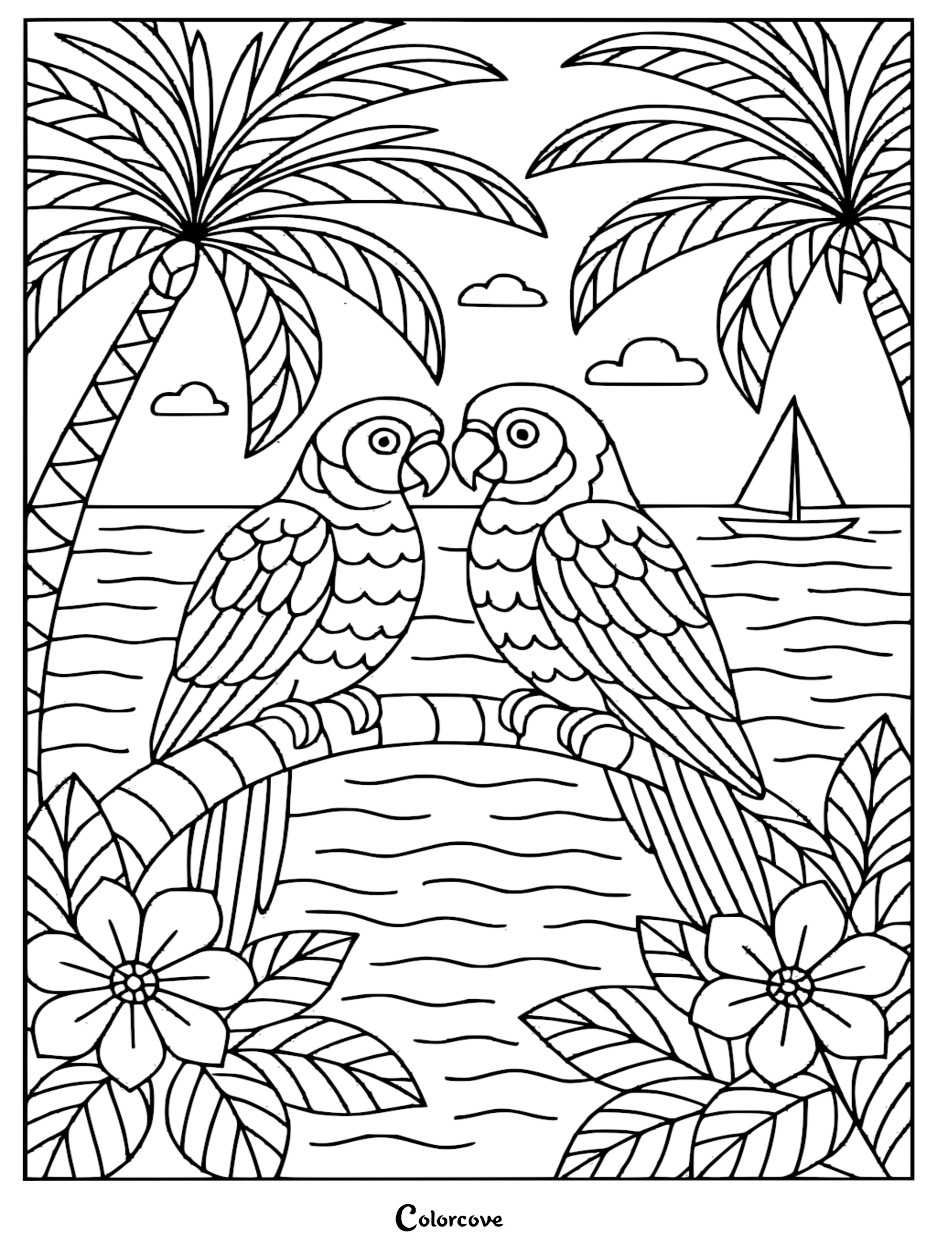 A printable coloring page featuring two macaws perched on a branch under palm trees with a sailboat in the background.
