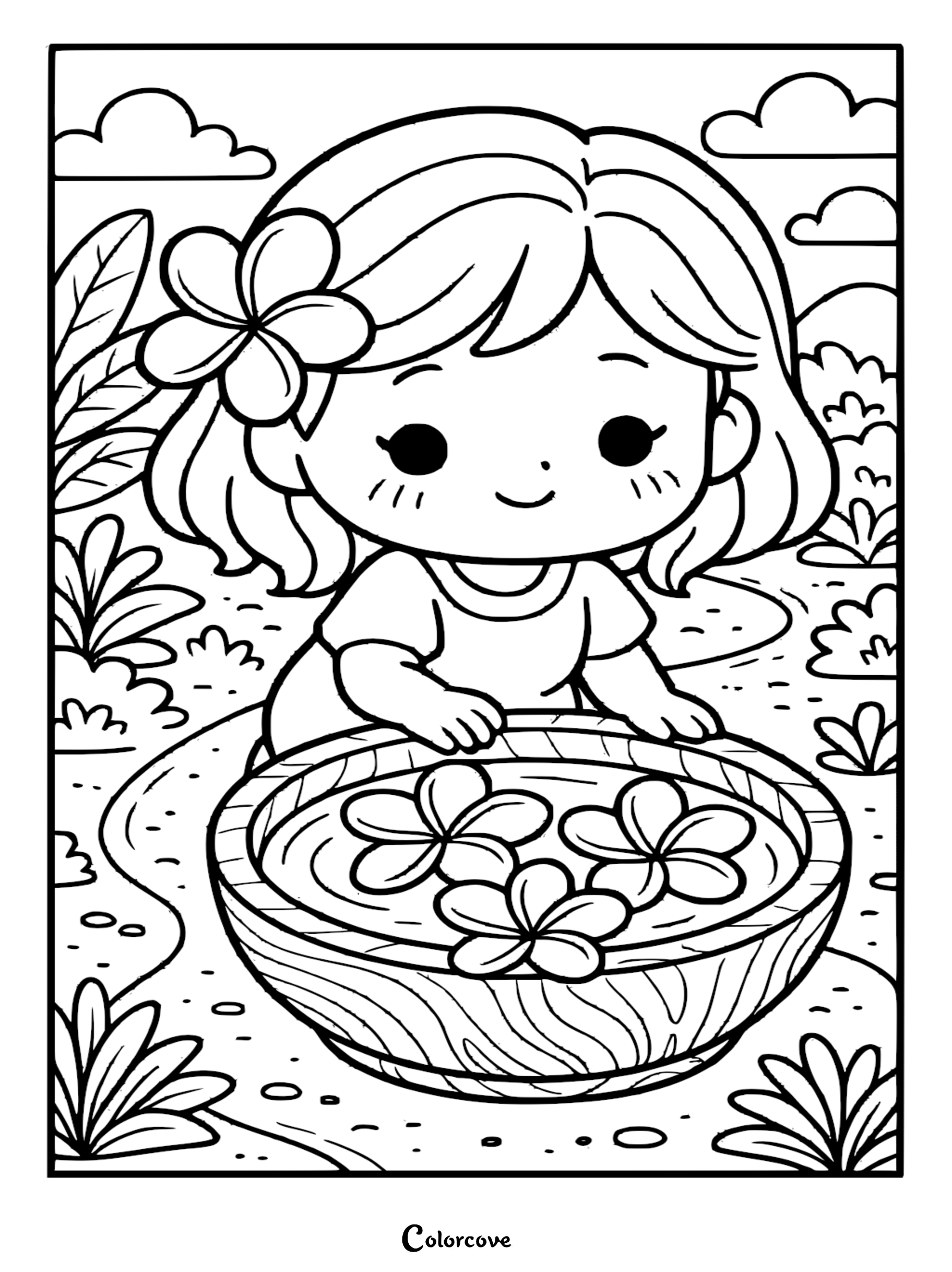 A cute chibi girl with a plumeria flower in her hair arranging floating blossoms in a wooden bowl in a tropical landscape, printable coloring page.