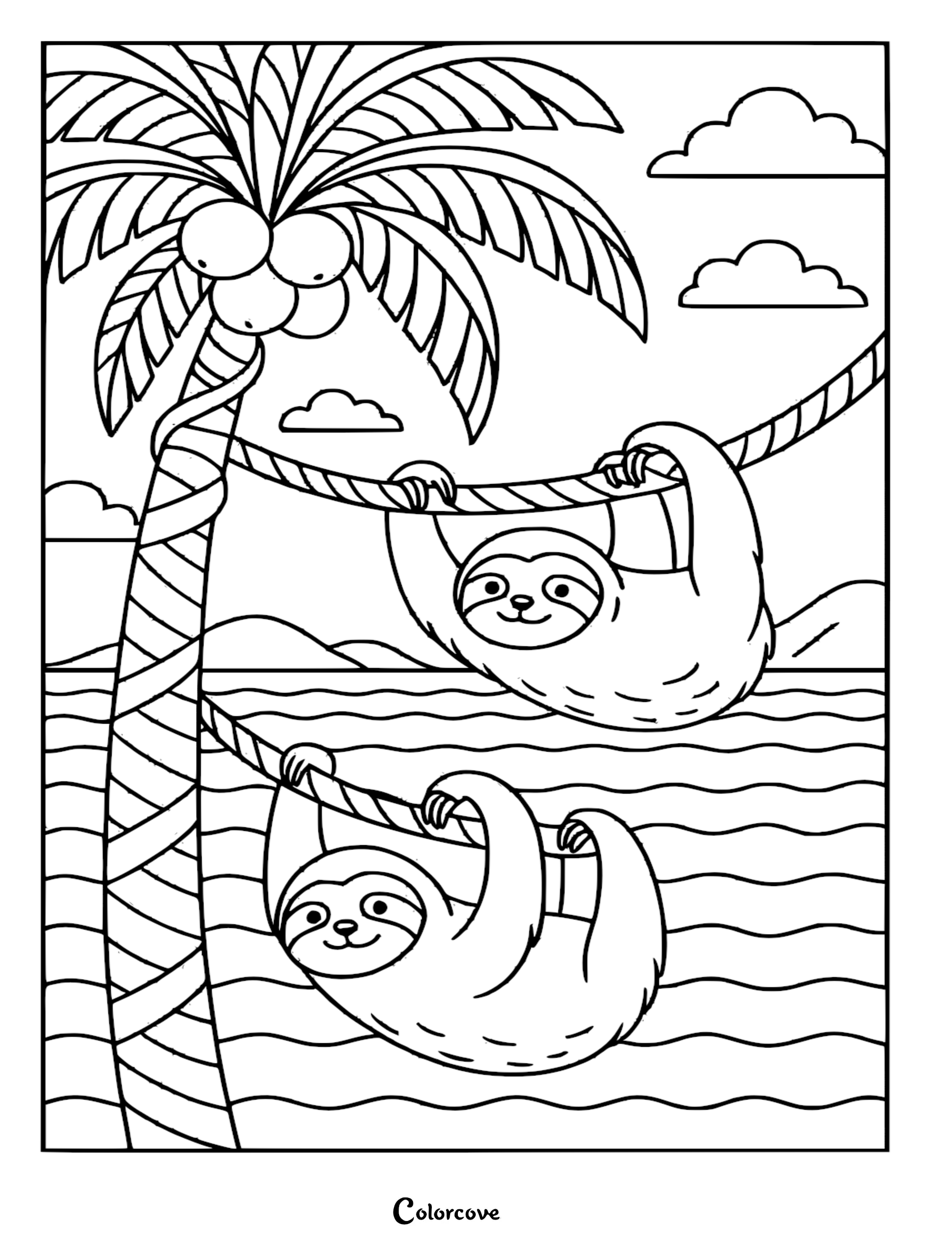 Two cute sloths hanging from ropes attached to a coconut palm tree on a beach, black and white coloring page.