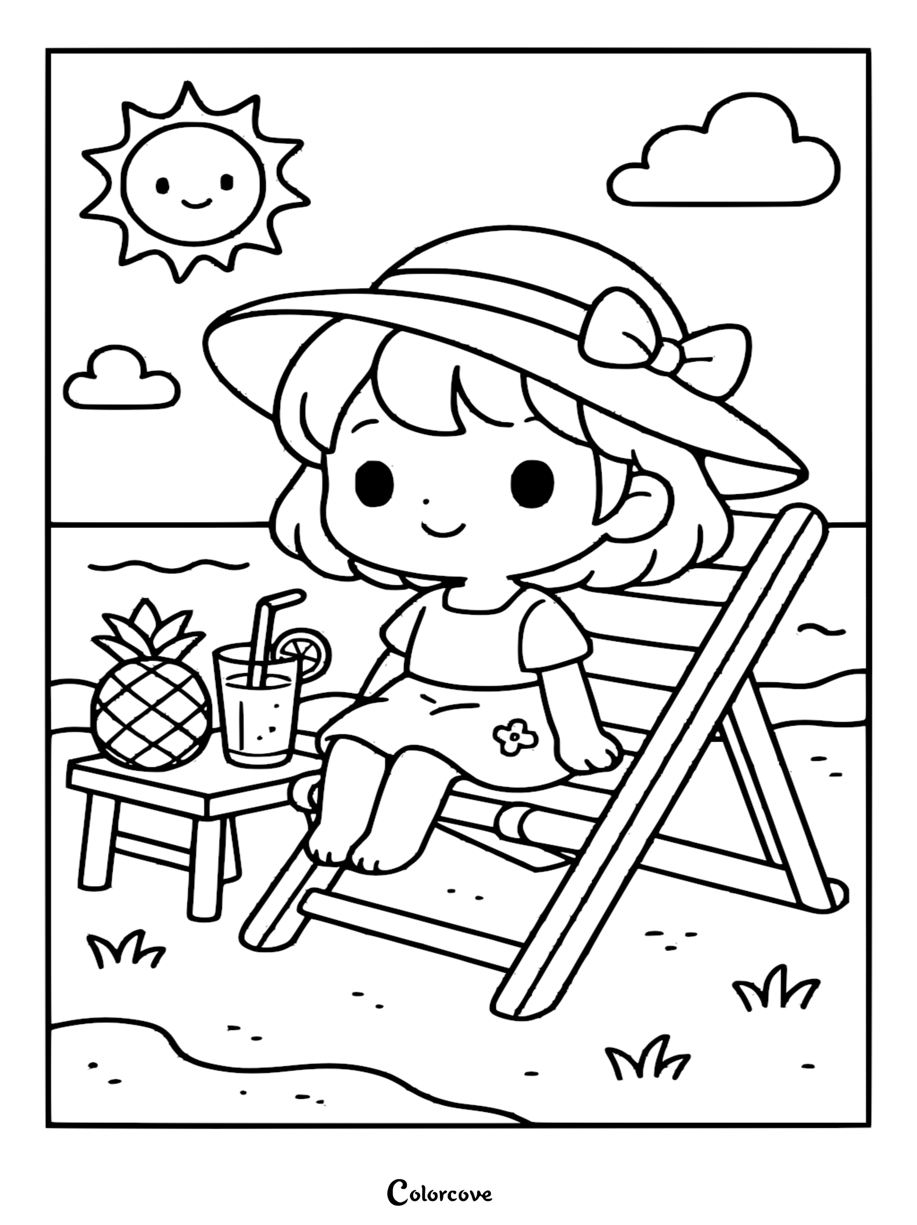 A cute chibi girl with a sun hat sitting in a deck chair on a tropical beach next to a pineapple and fruit drink, printable coloring page.