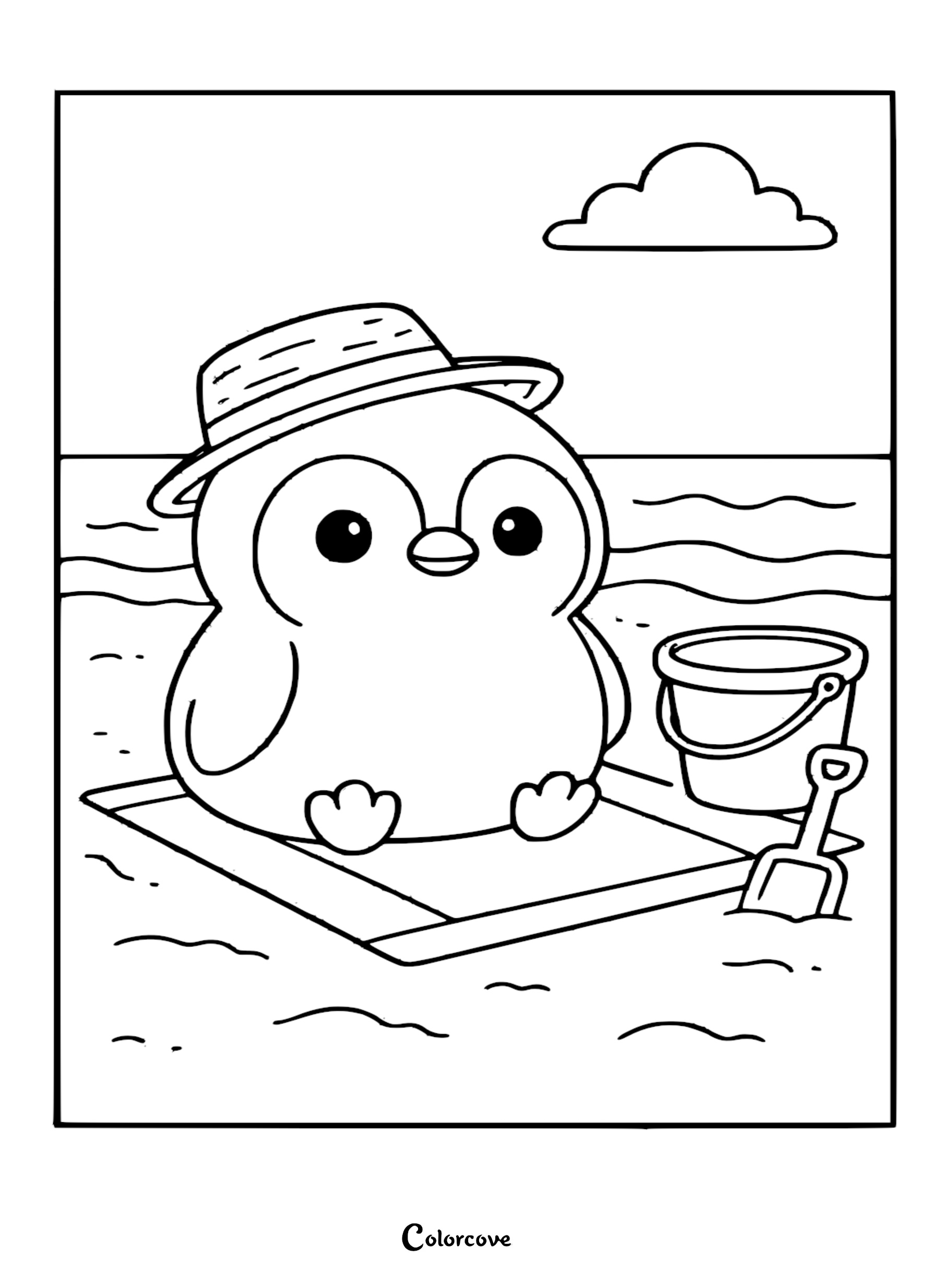 A cute penguin wearing a straw hat sitting on a towel at the beach with a bucket and shovel coloring page.