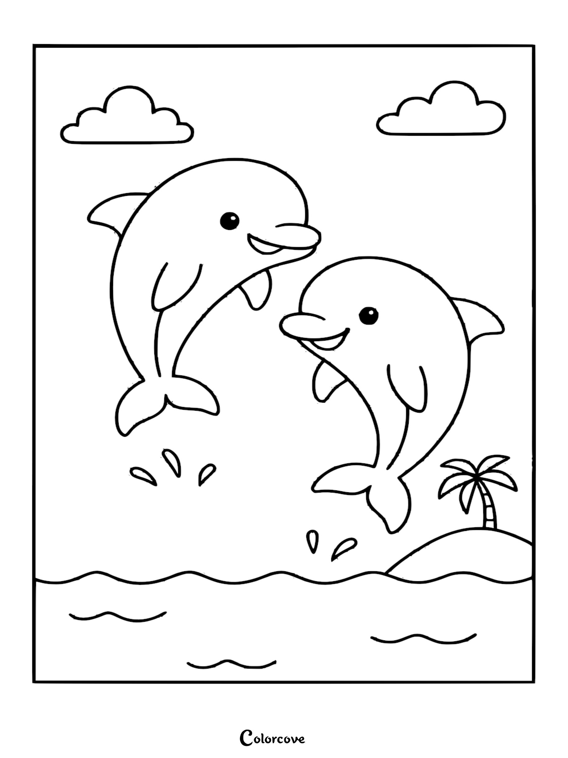 Two cartoon dolphins leaping out of the ocean water near a small island with a palm tree, simple line art coloring page.