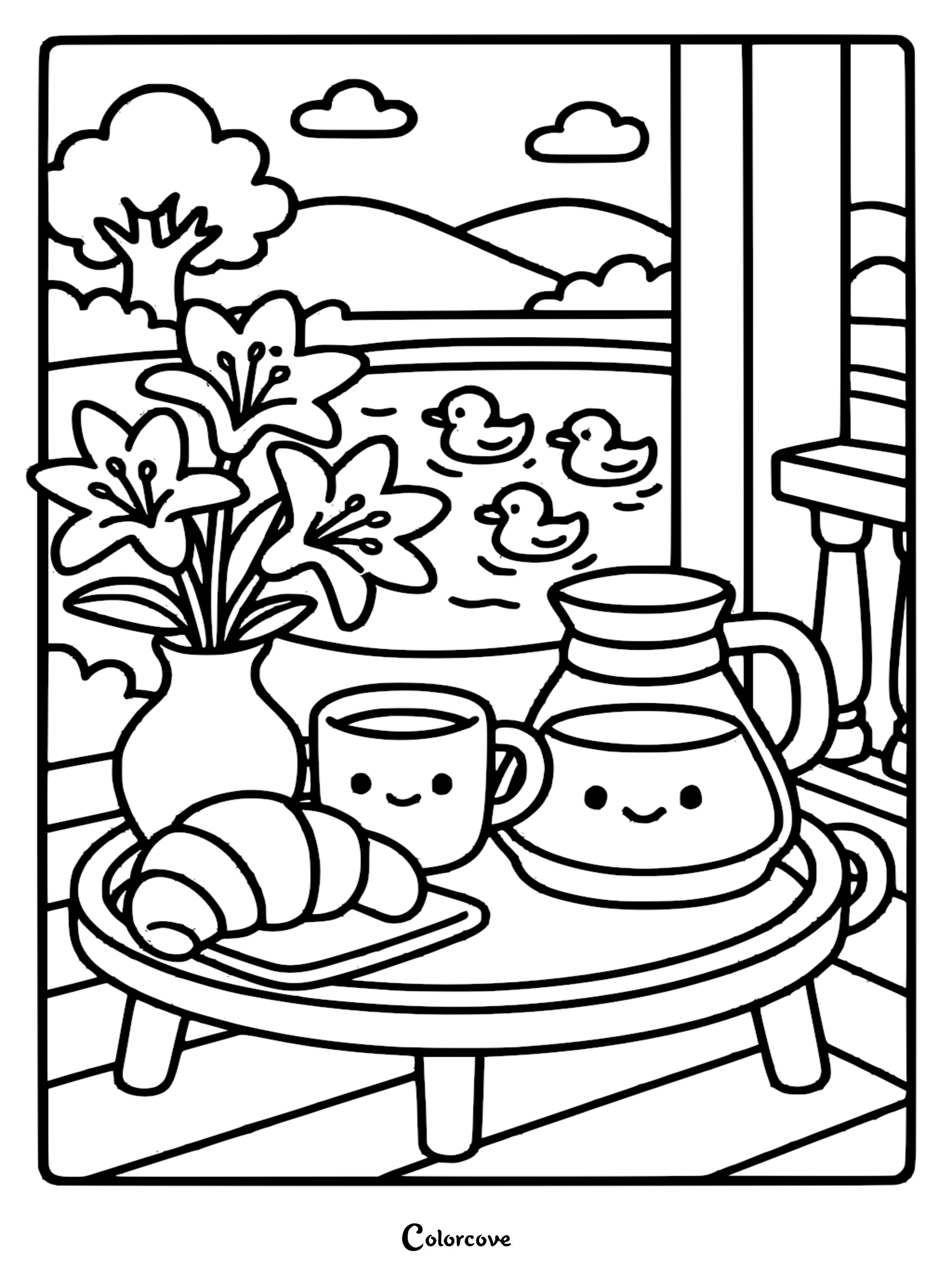 A printable coloring page featuring a kawaii coffee carafe and mug with a croissant on a table by a pond with ducks.
