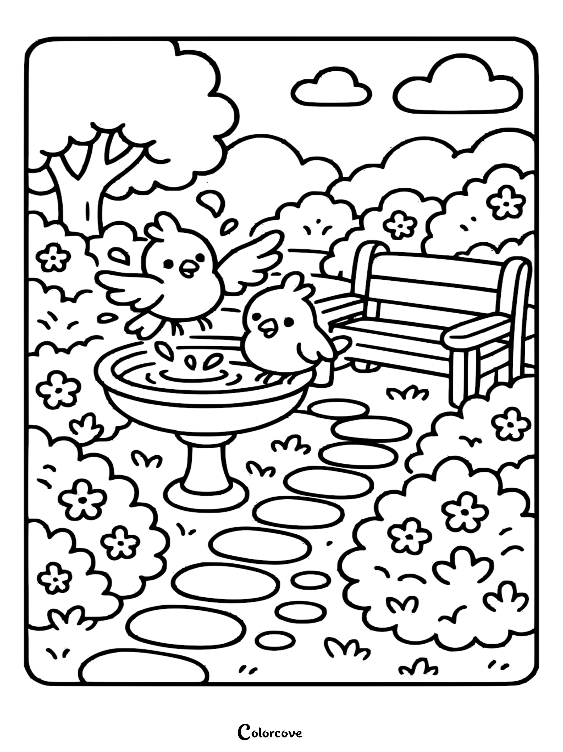 Two adorable cartoon birds splashing in a stone birdbath, set in a sunny garden with a wooden bench and stepping stones, coloring page line art.