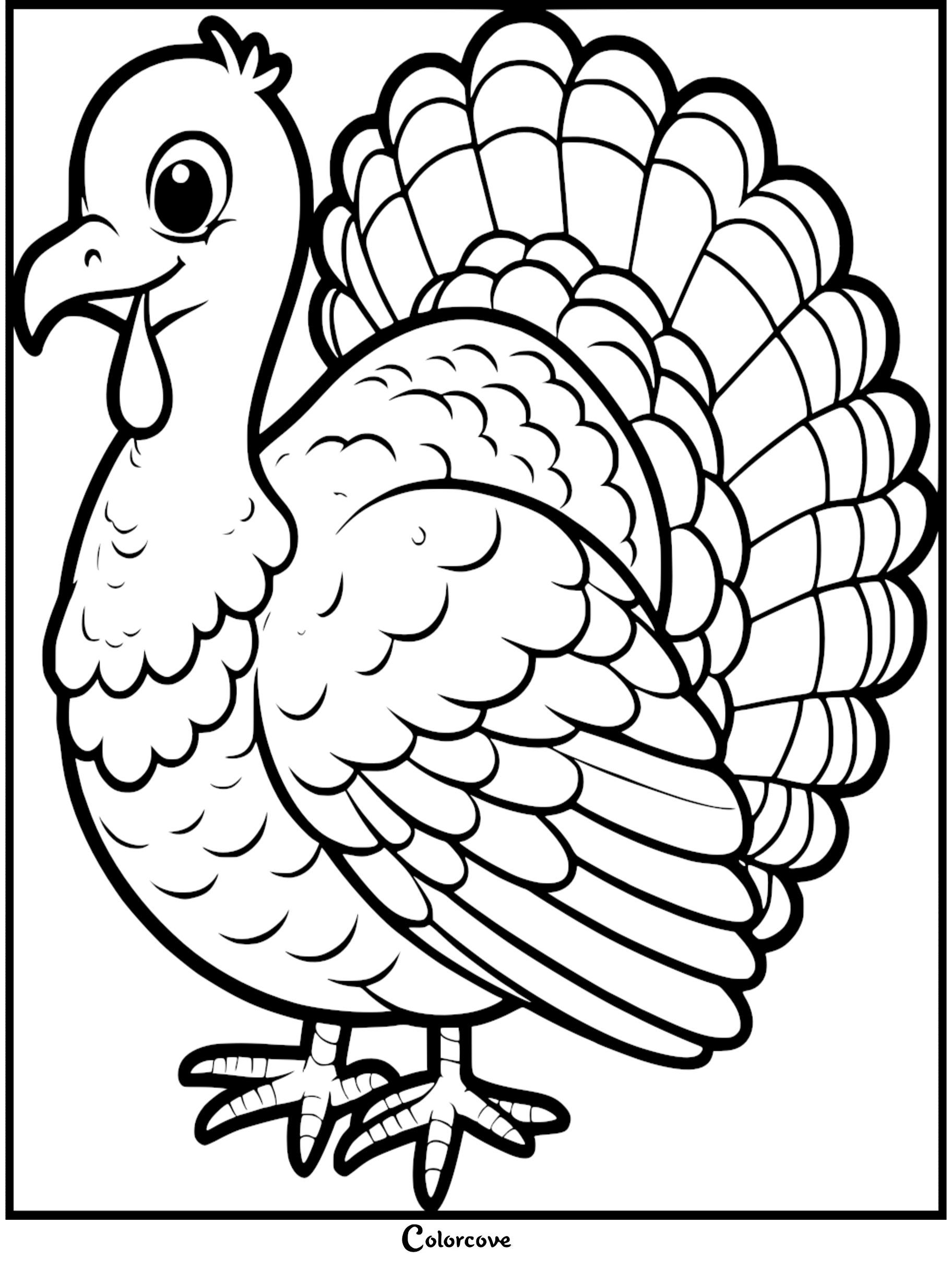 Adorable turkey coloring page for kids, perfect for Thanksgiving activities. Download and print for free at colorcove.org.