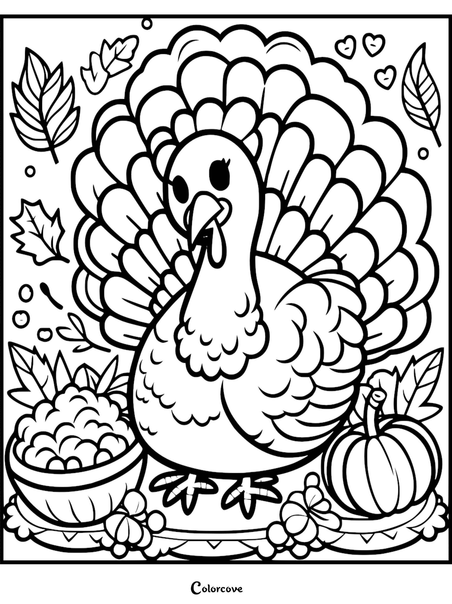 Thanksgiving turkey coloring page featuring autumn leaves, a pumpkin, and a bowl of berries.