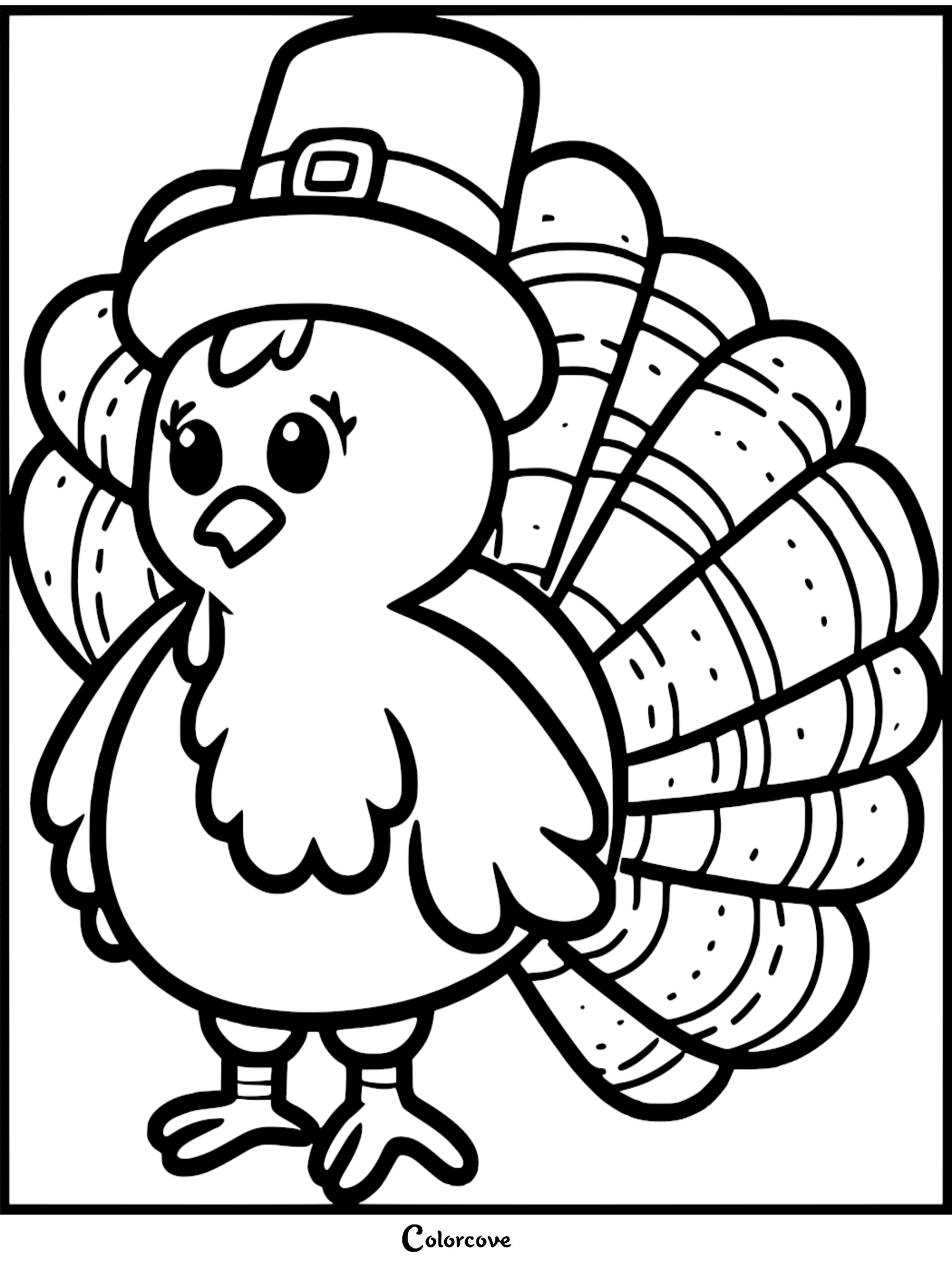 Cute turkey wearing a Pilgrim hat coloring page for Thanksgiving. Free printable from colorcove.org.