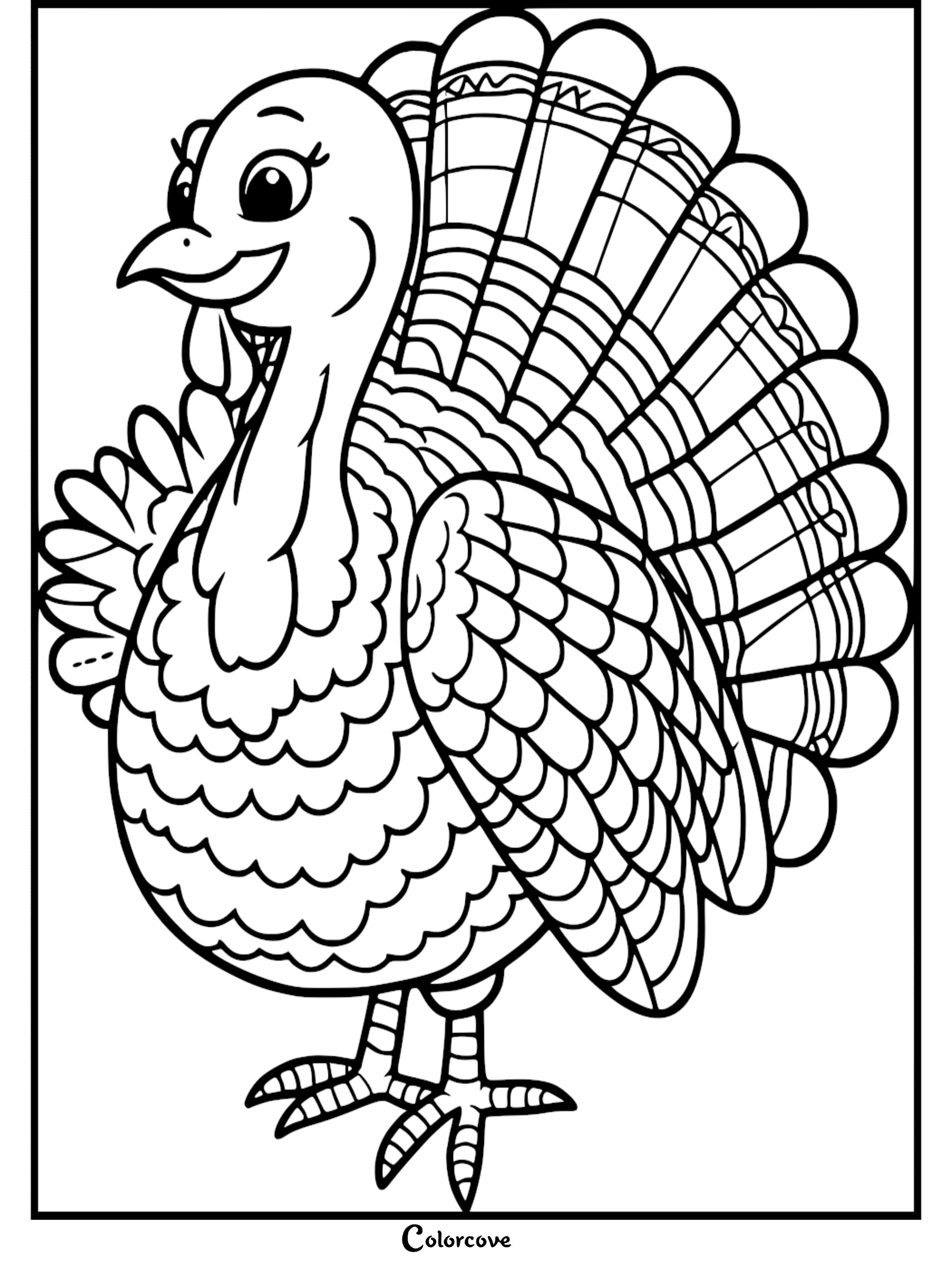 Printable turkey coloring page for kids with intricate feather details. Perfect for Thanksgiving activities.