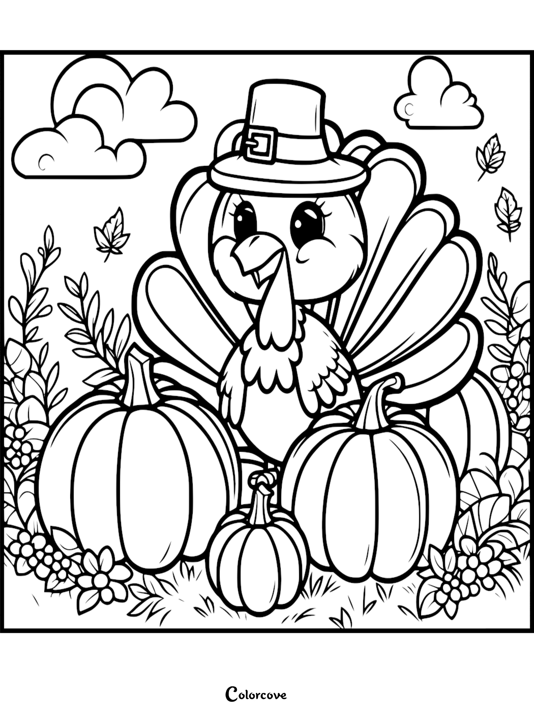 Cute Thanksgiving turkey with a pilgrim hat, surrounded by pumpkins and autumn leaves. Printable coloring page for kids.