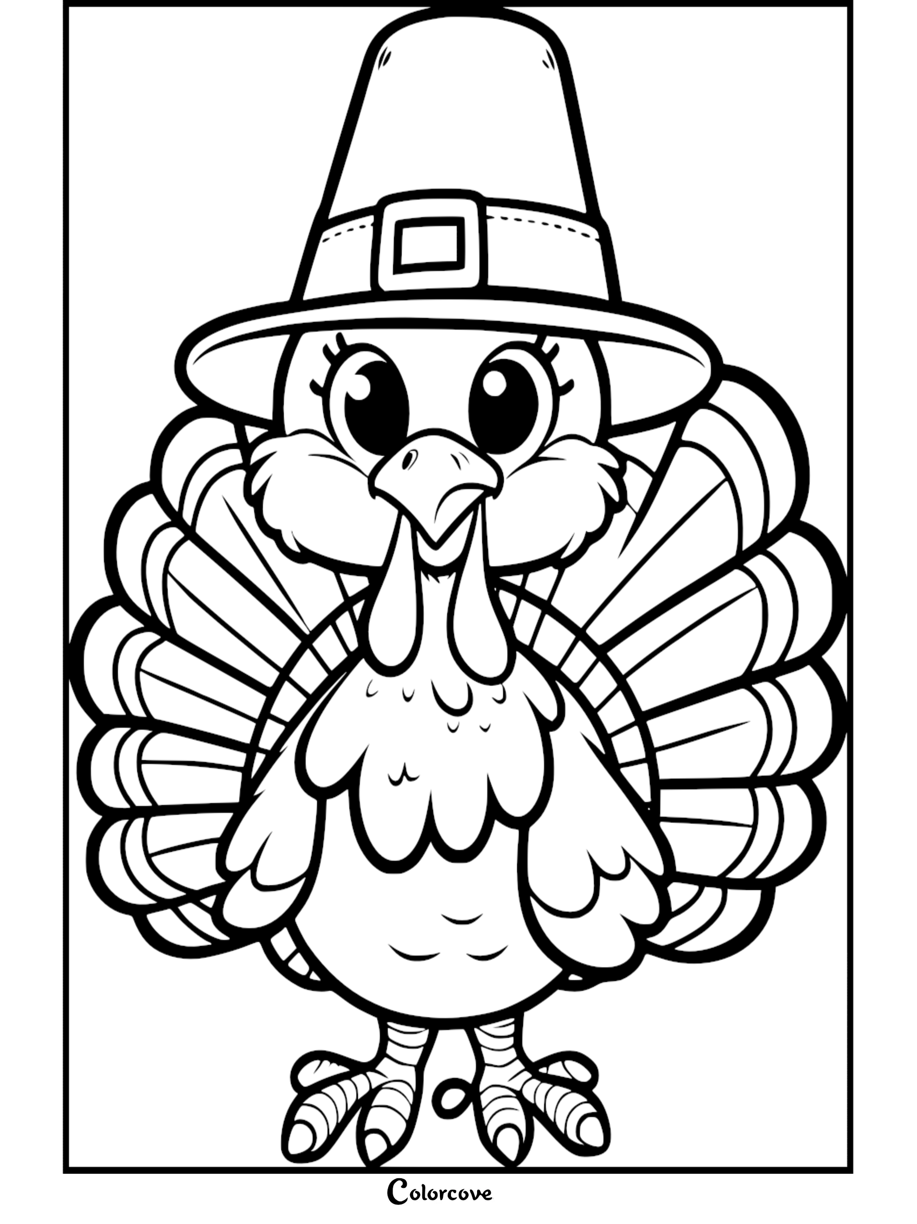 Cute Thanksgiving turkey coloring page with a pilgrim hat. Ideal for kids' holiday activities and fun coloring sessions.