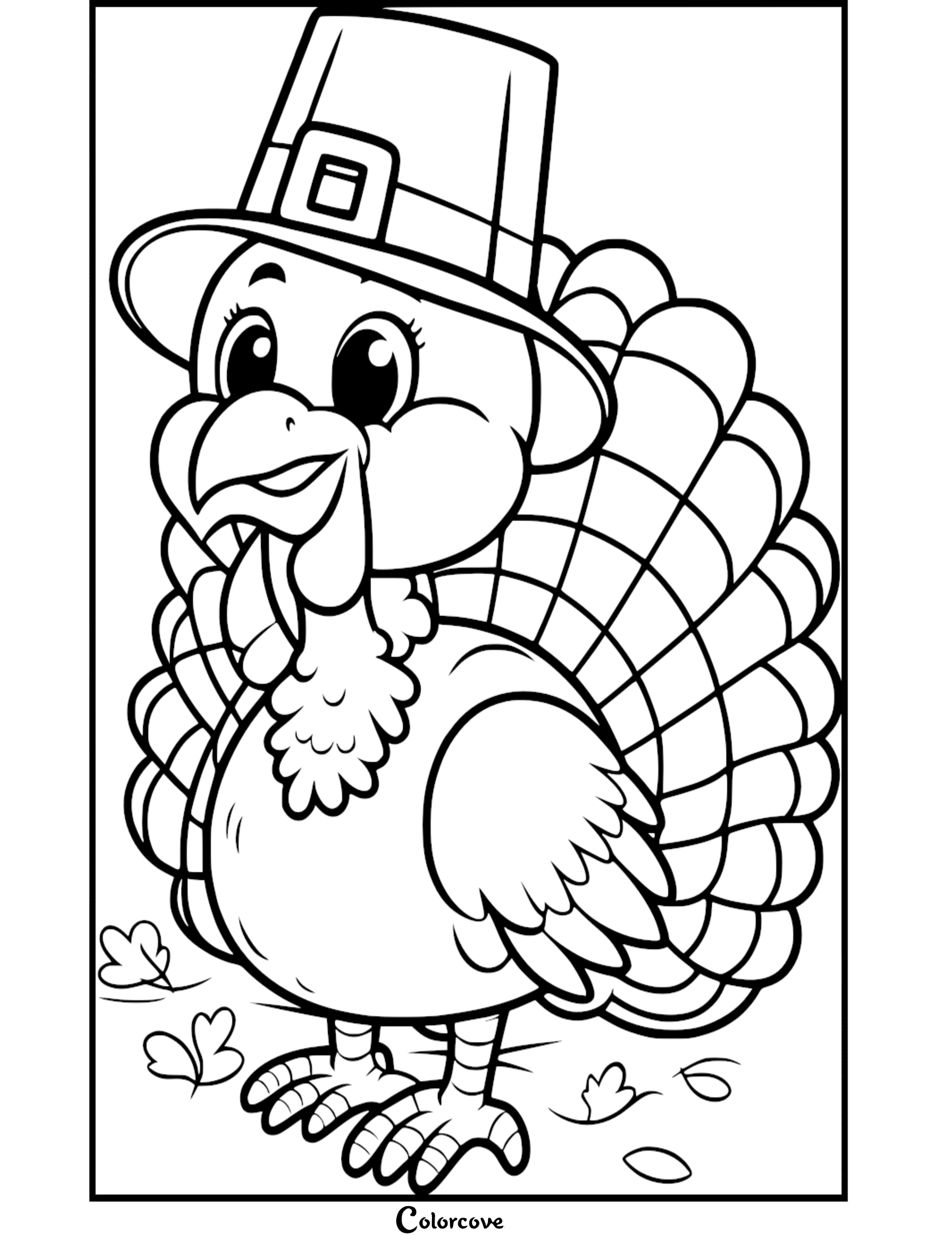 Thanksgiving turkey coloring page featuring a cartoon turkey wearing a Pilgrim hat. Ready to print and color.