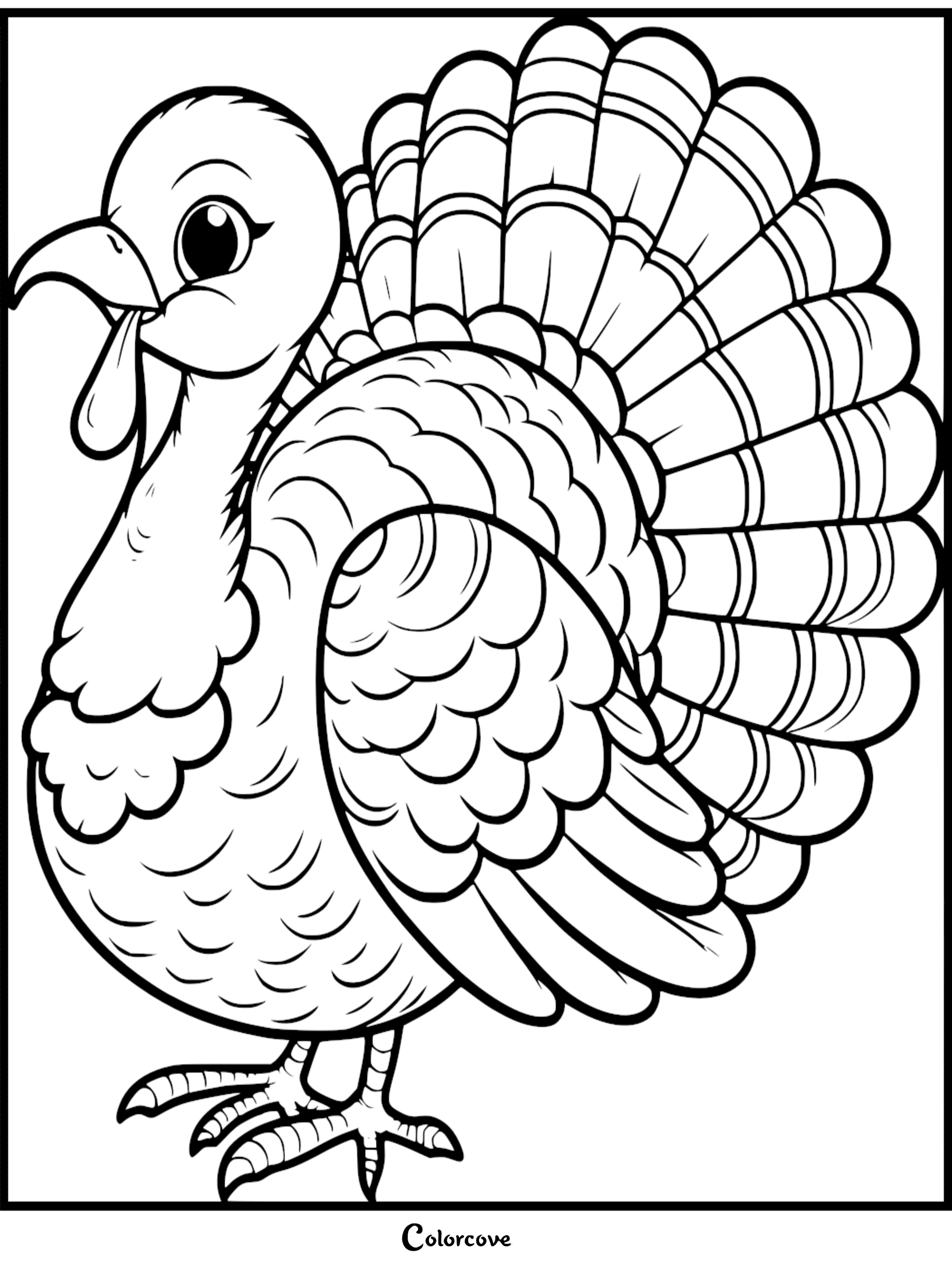 Turkey coloring page with detailed feathers and eyes, perfect for kids and adults at colorcove.org.